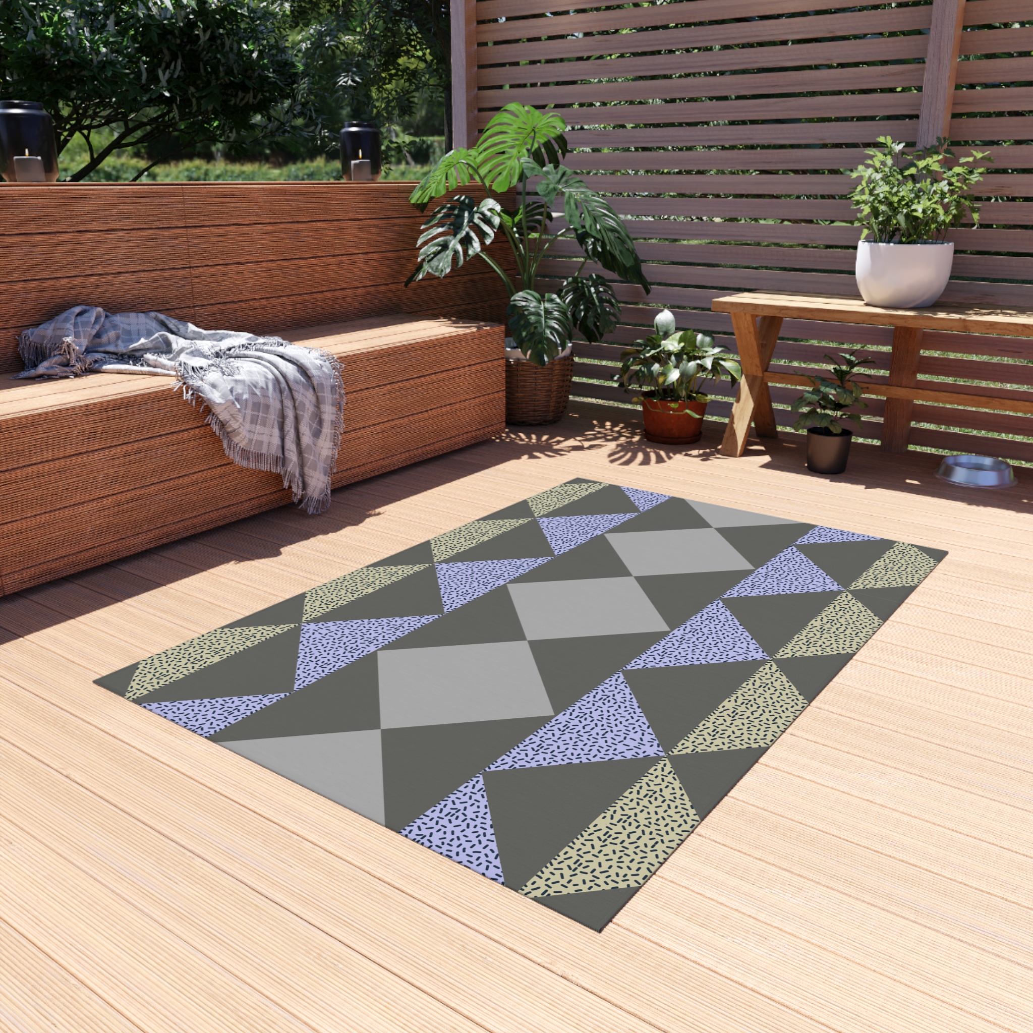 Geometric Triangle Outdoor Rug — Modern Patio Mat in Gray, Blue & Beige
