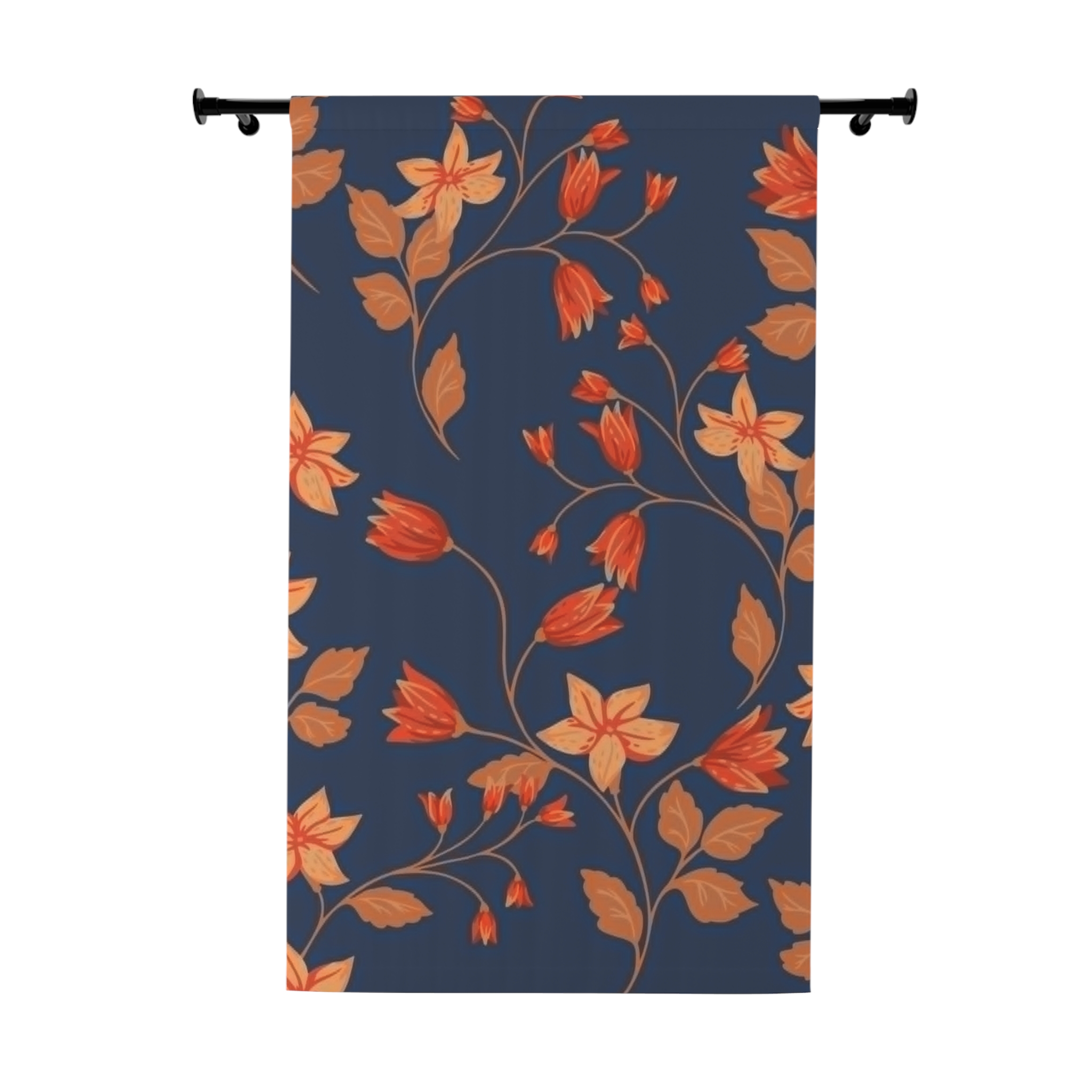 Floral Curtain Panel — Navy Blue with Orange Tulip Vines - Image 2
