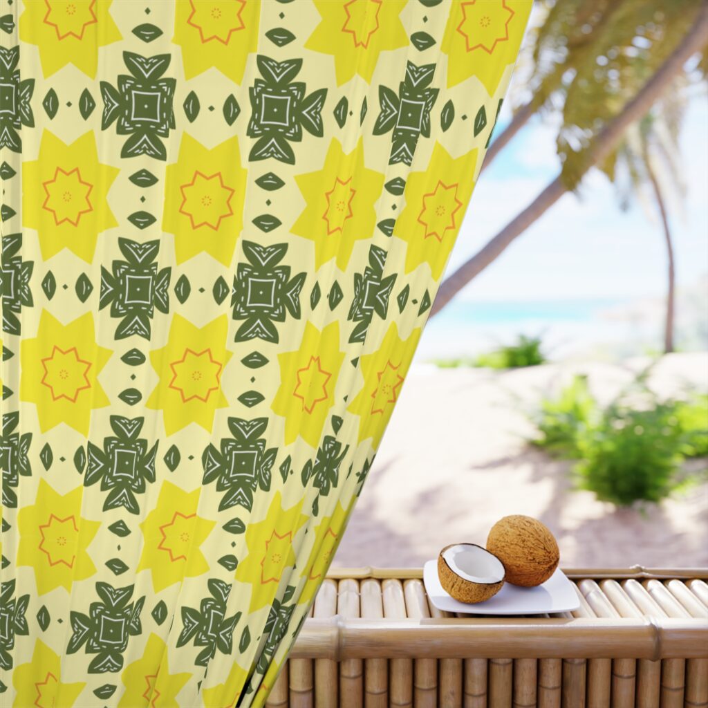 Geometric Yellow and Sage Floral Window Curtain