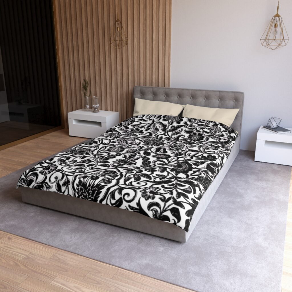 Black and White Damask Floral Microfiber Duvet Cover