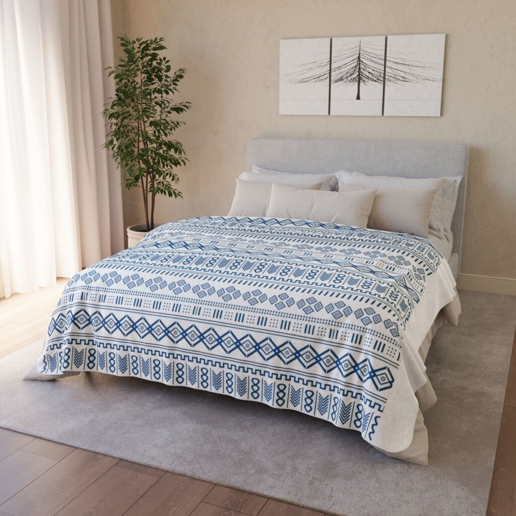 Blue Geometric Nordic Pattern Fleece Sherpa Blanket