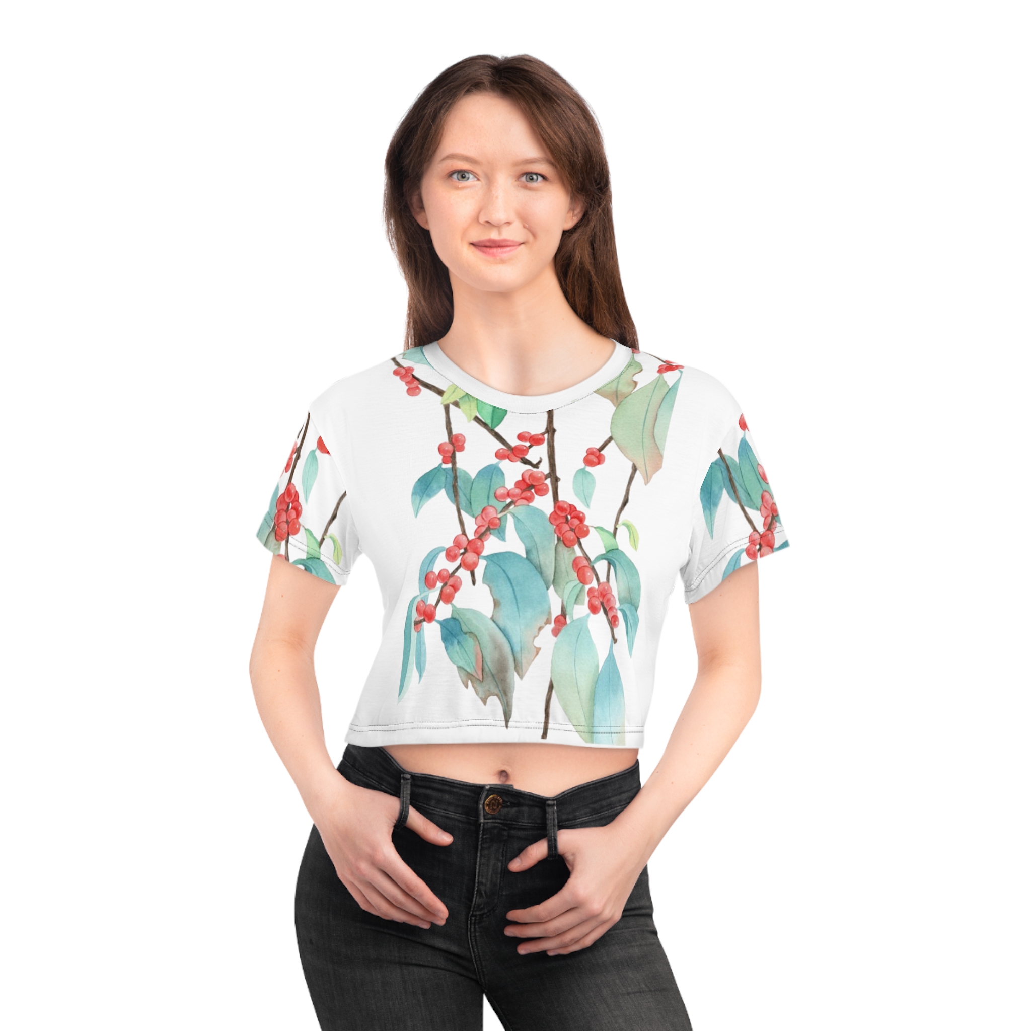 Watercolor Red Berry Branch Crop Tee | Botanical Floral Print - Image 7