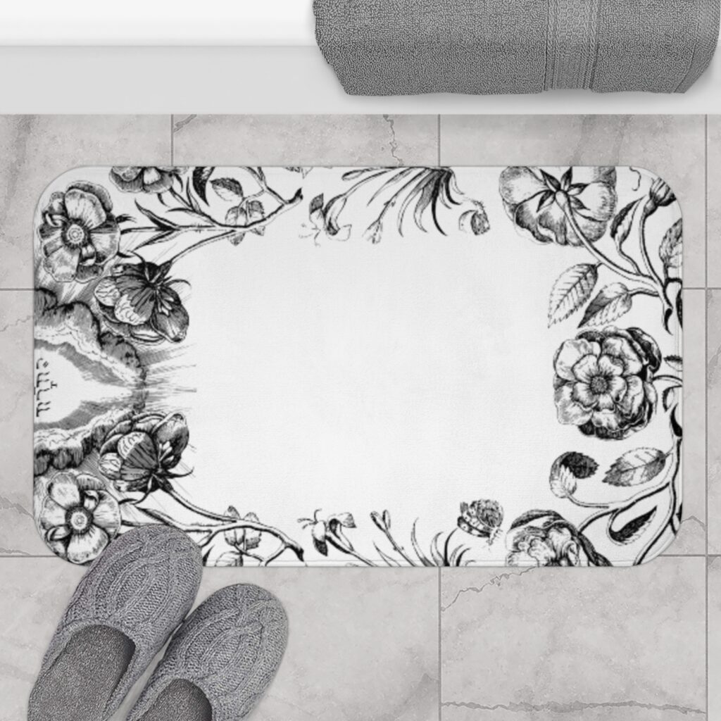 Floral Sketch Bath Mat — Black & White Botanical Bathroom Rug