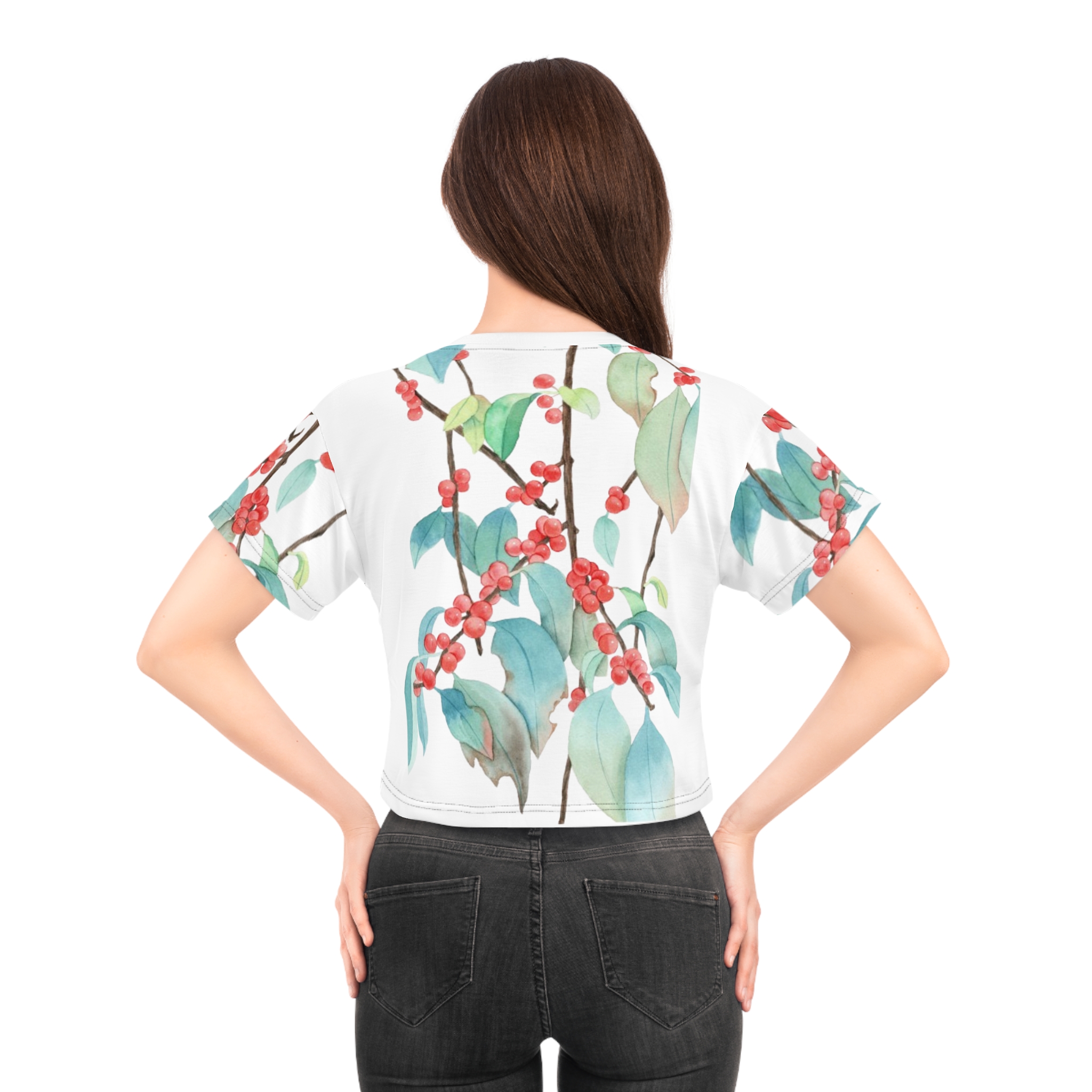 Watercolor Red Berry Branch Crop Tee | Botanical Floral Print - Image 8