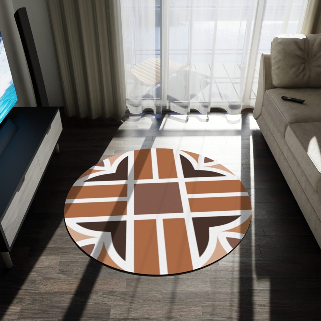 Retro Geometric Round Rug – Brown and Cream Mid-Century Modern Home Decor
