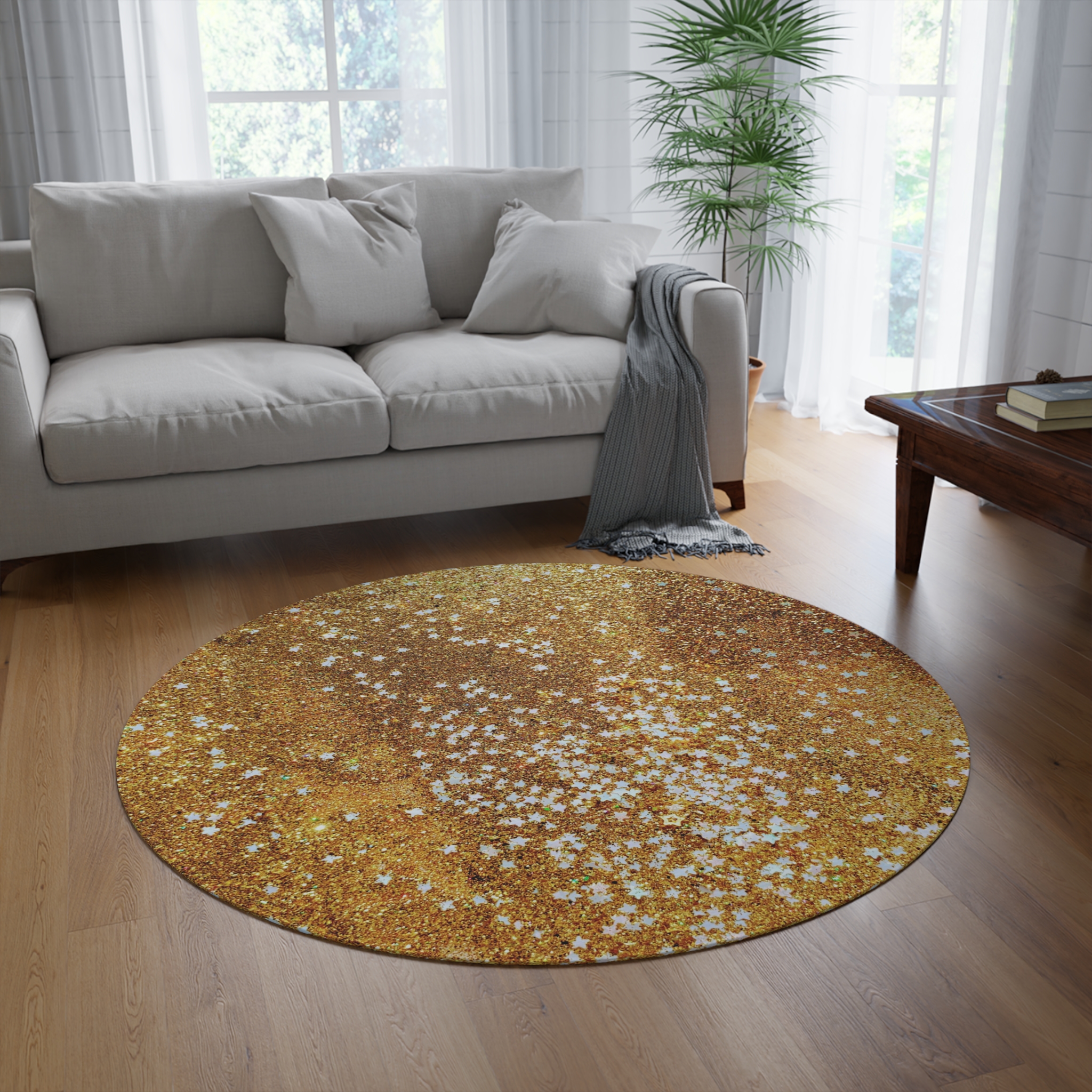 Golden Glitter Starry Sky Round Rug