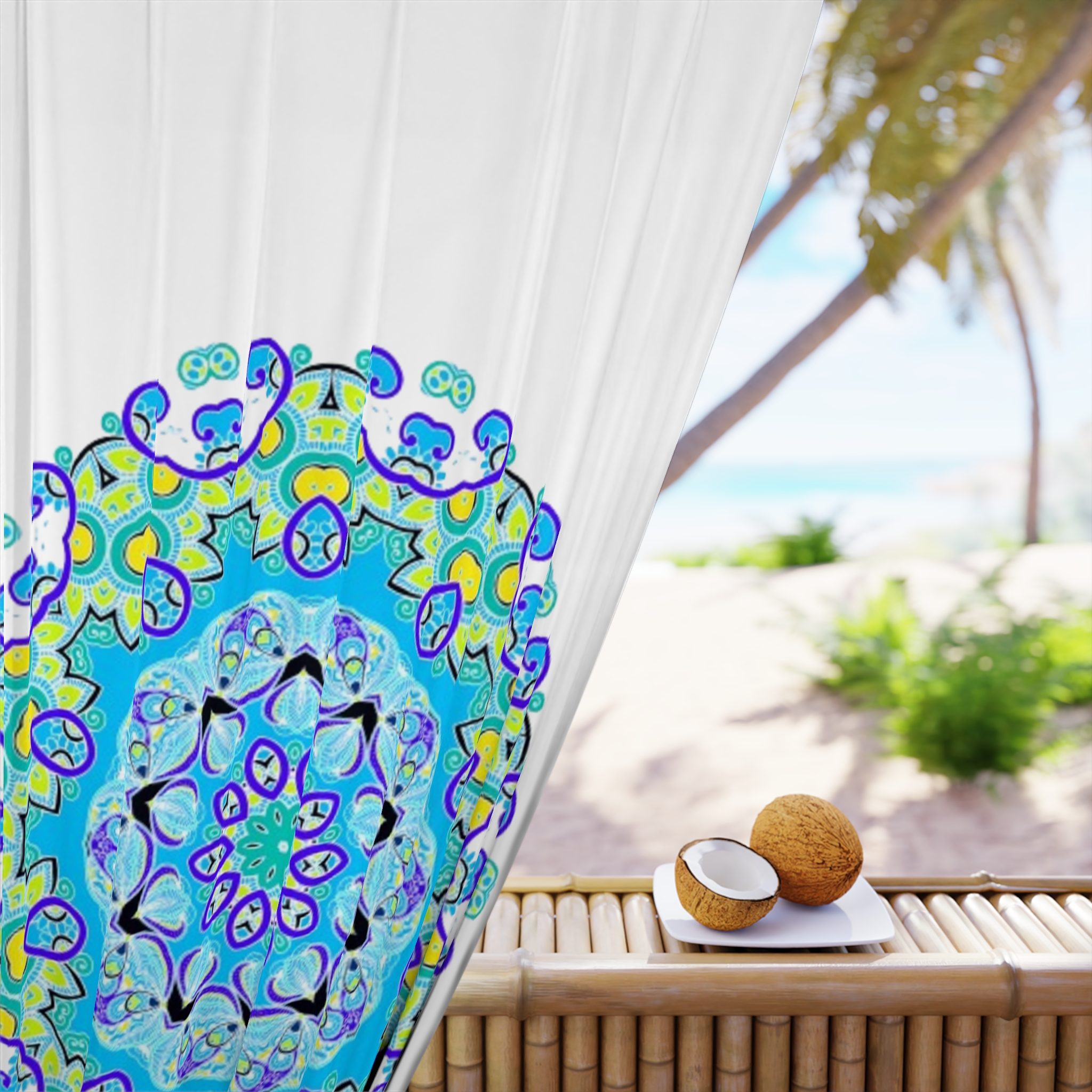 Mandala Window Curtain — Blue Green Boho Decorative Panel