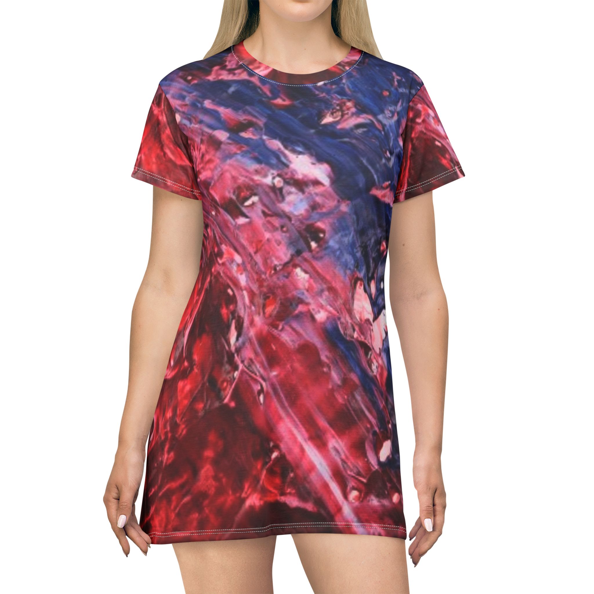 Abstract Red and Blue Marble T-Shirt Dress - Image 4