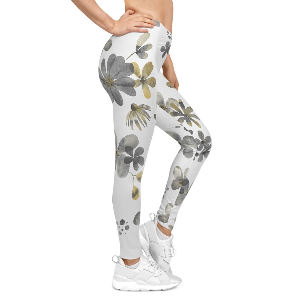 Watercolor Gray and Gold Floral Leggings | All-Over Print