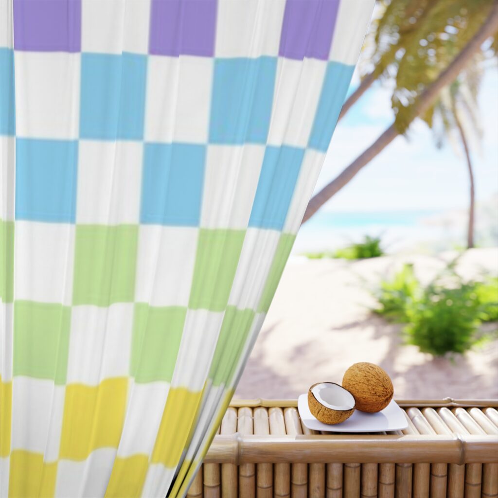 Pastel Checkerboard Curtain Panel — Colorful Rainbow Window Drapery