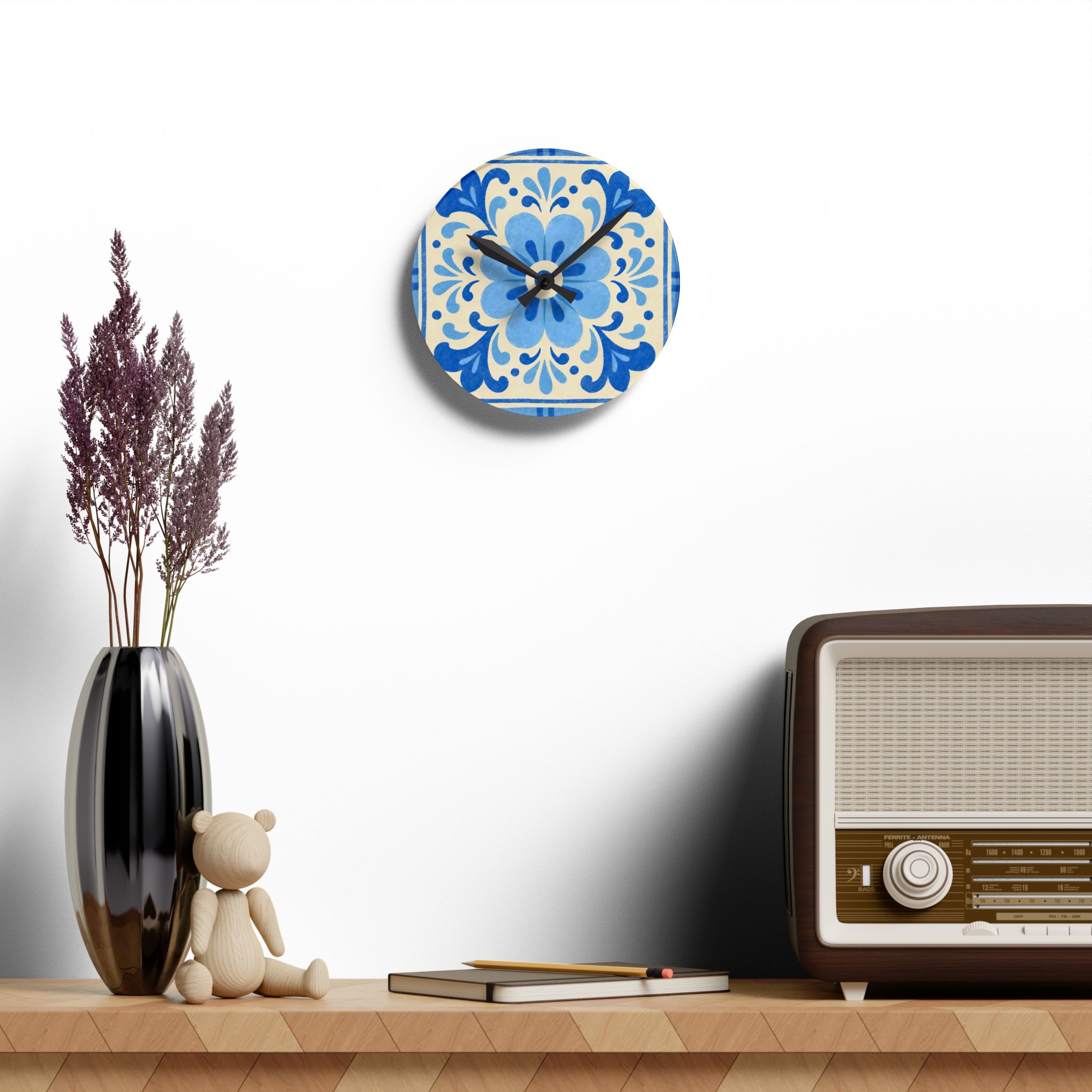 Blue Floral Ceramic-Style Acrylic Wall Clock - Image 8