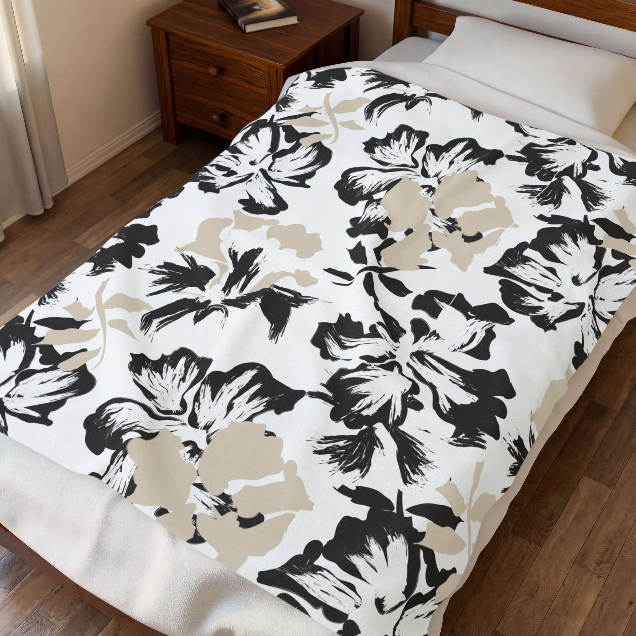Black and Beige Floral Velveteen Plush Blanket - Image 13