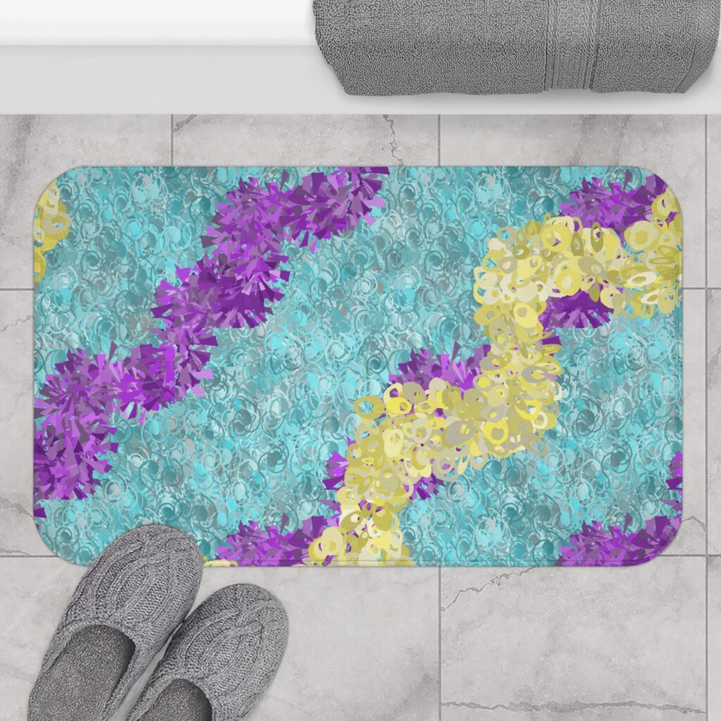 Tropical Floral Bath Mat — Turquoise, Purple & Yellow Seafoam Pattern