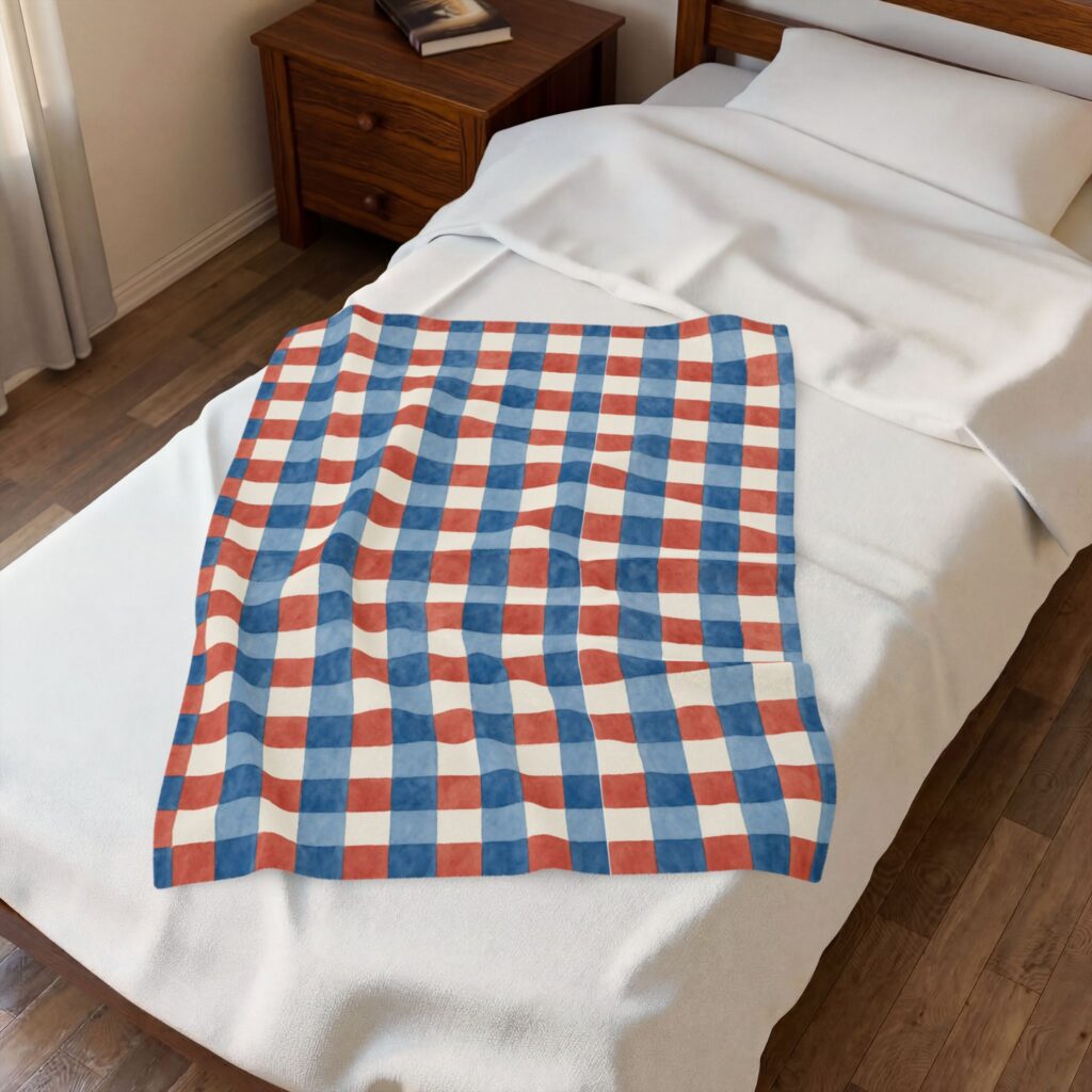 Red, White & Blue Gingham Velveteen Plush Blanket