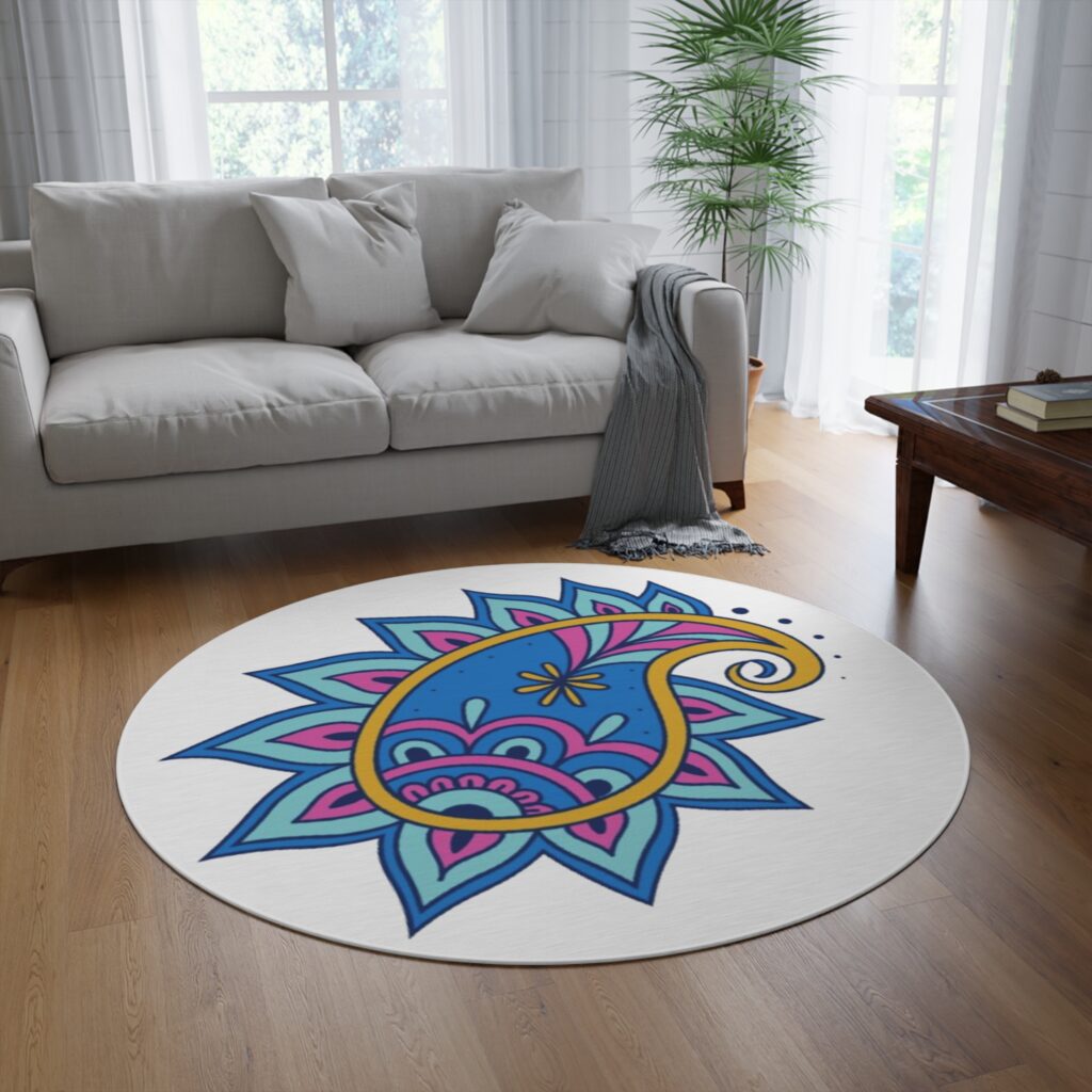 Boho Paisley Round Rug — Colorful Floral Accent Mat for Living Room, Bedroom & Yoga