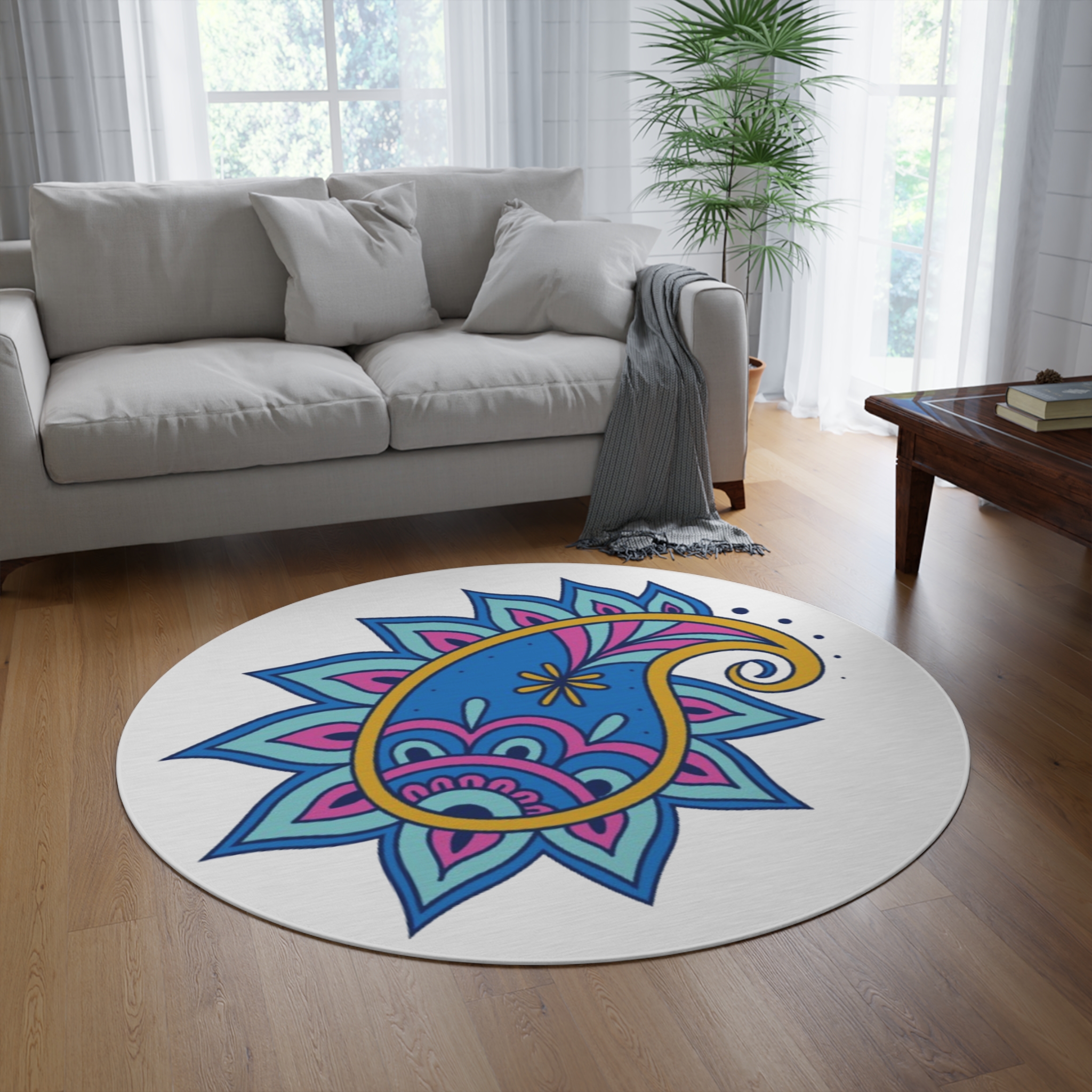 Boho Paisley Round Rug — Colorful Floral Accent Mat for Living Room, Bedroom & Yoga