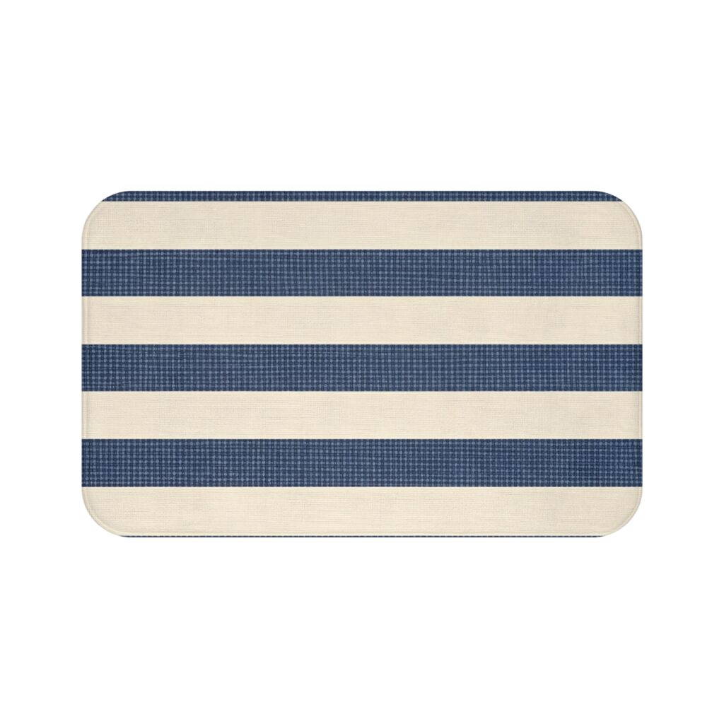 Navy Gingham Stripe Bath Mat — Coastal Nautical Bathroom Rug