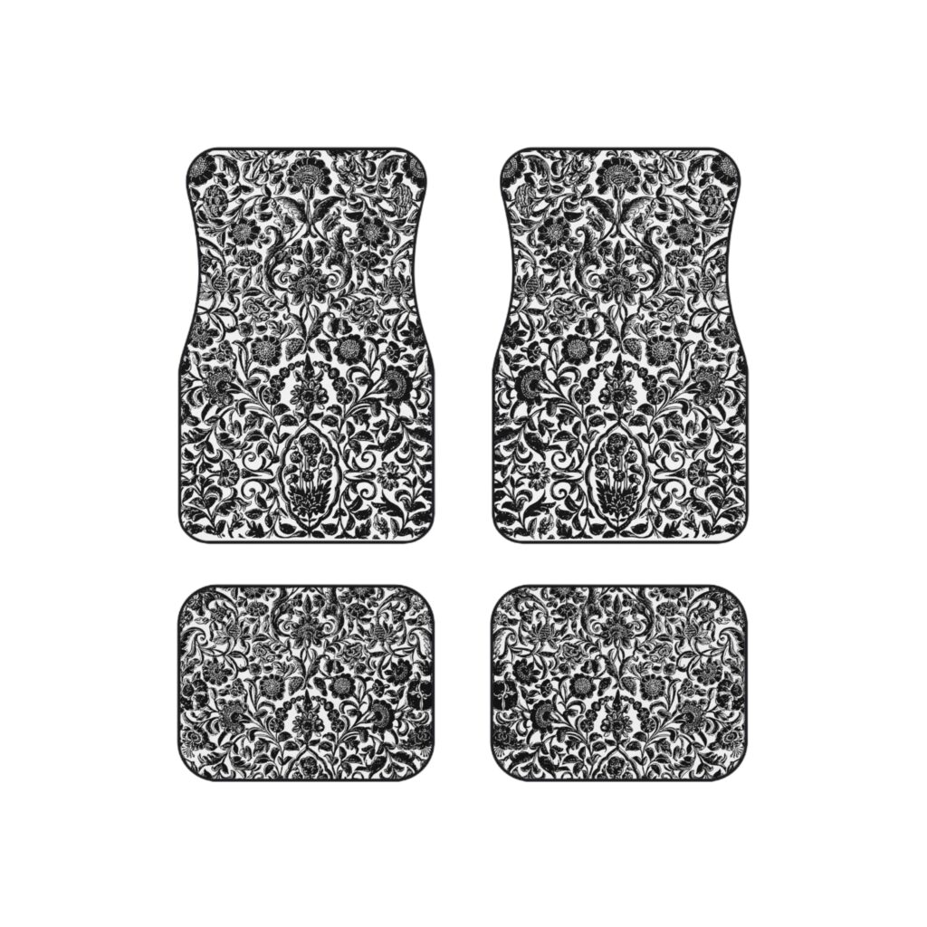 Ornate Black and White Floral Car Mats Set of 4
