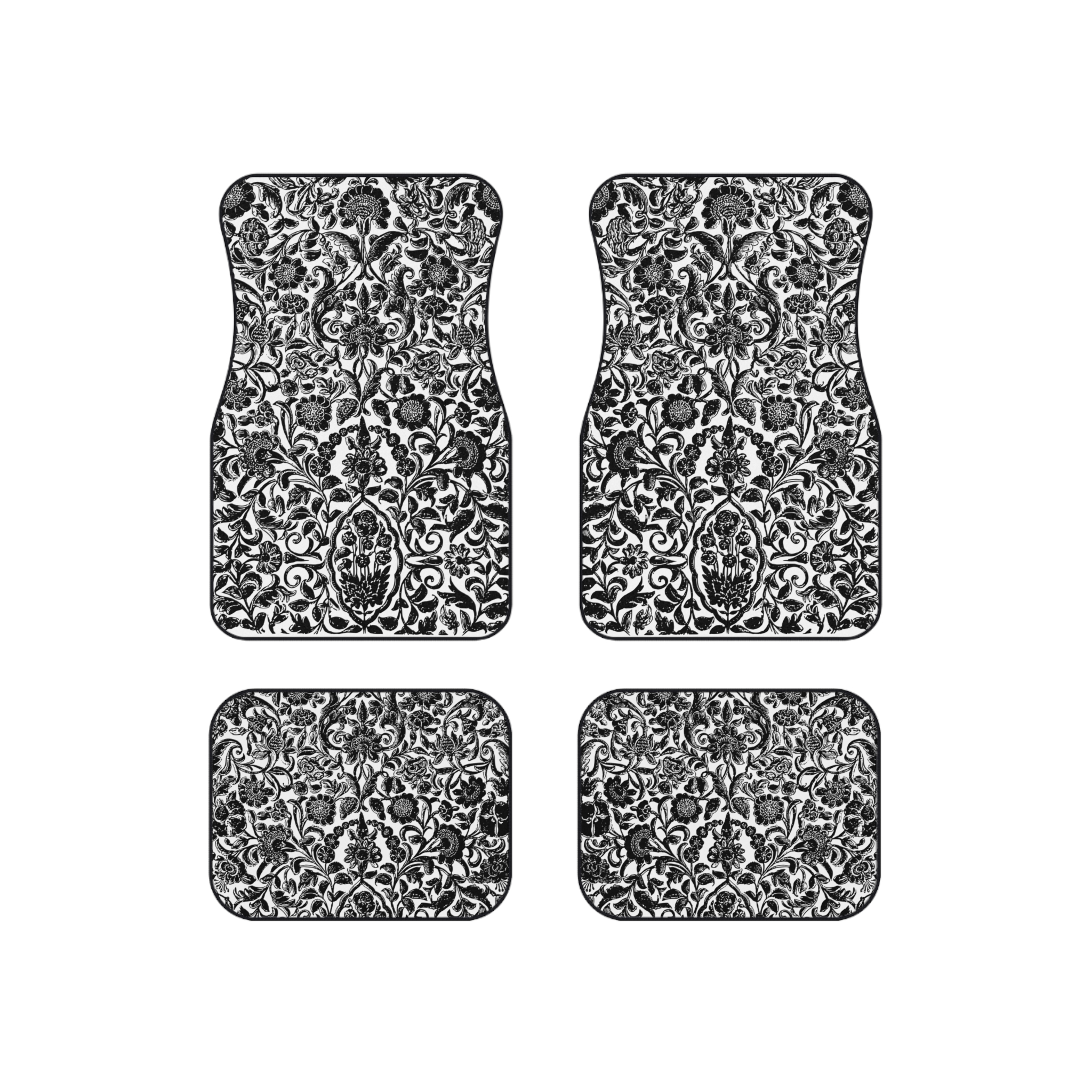 Ornate Black and White Floral Car Mats Set of 4