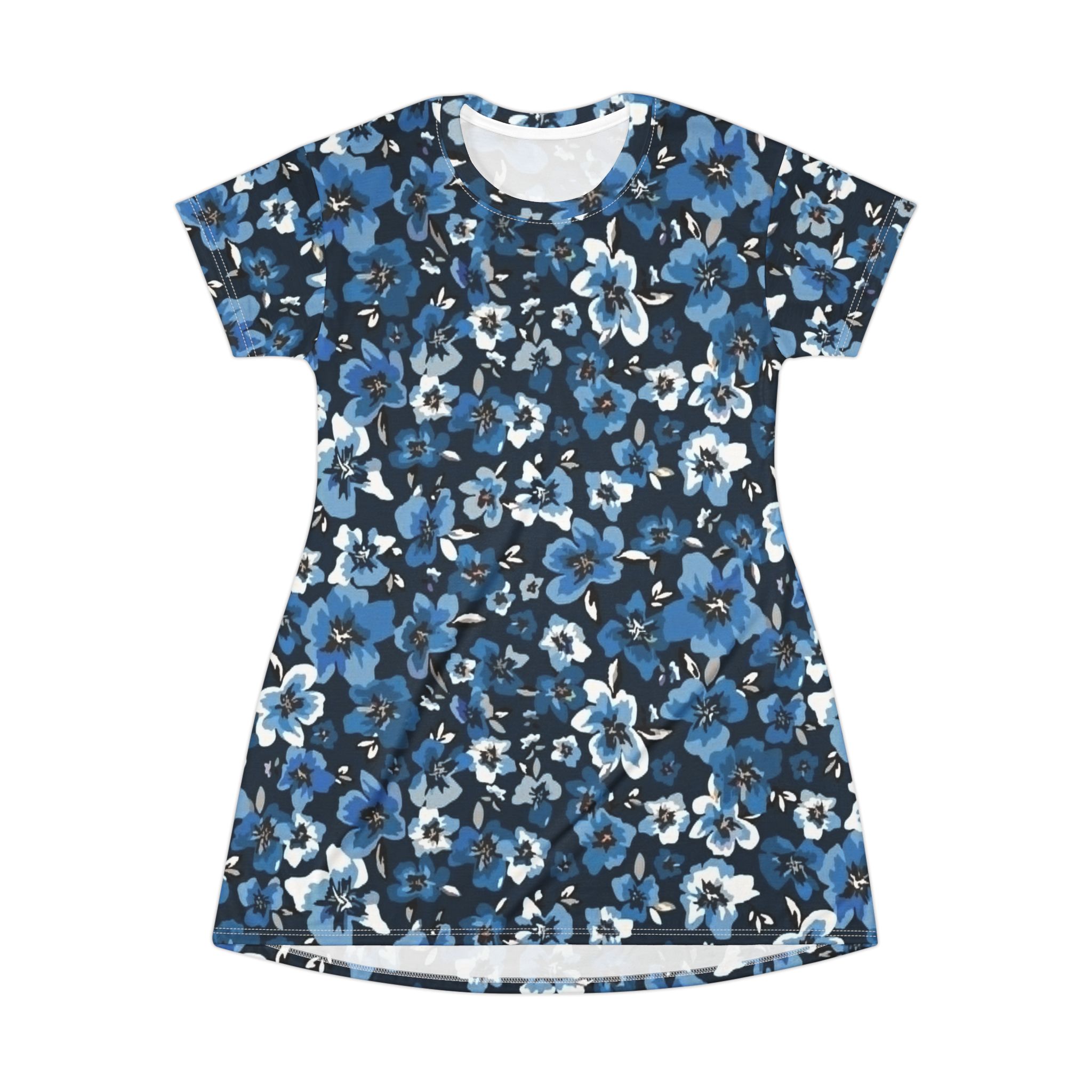 Blue Floral T-Shirt Dress - All-Over Print Casual Summer Dress - Image 2