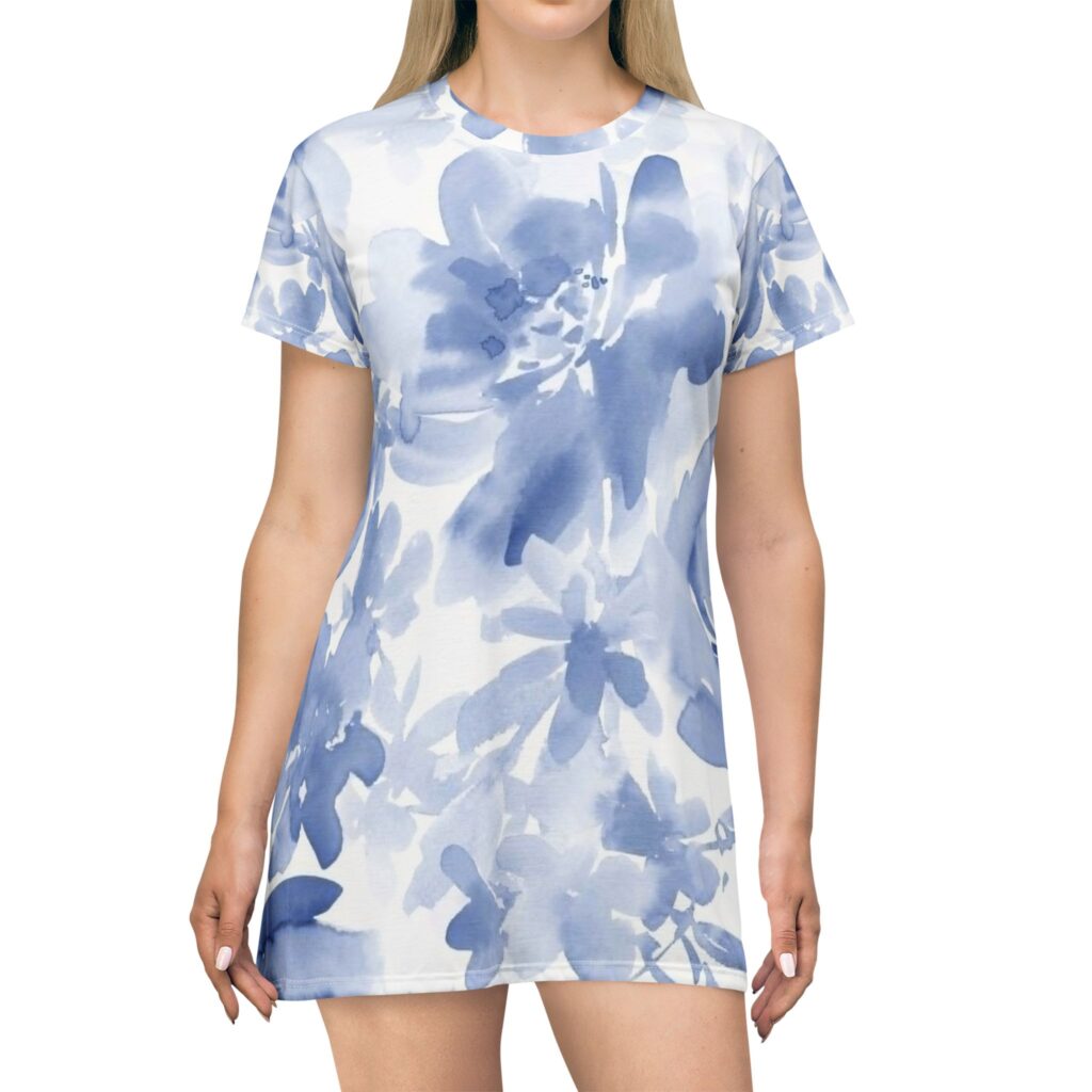 Blue Watercolor Floral T-Shirt Dress | Floral Allover Print