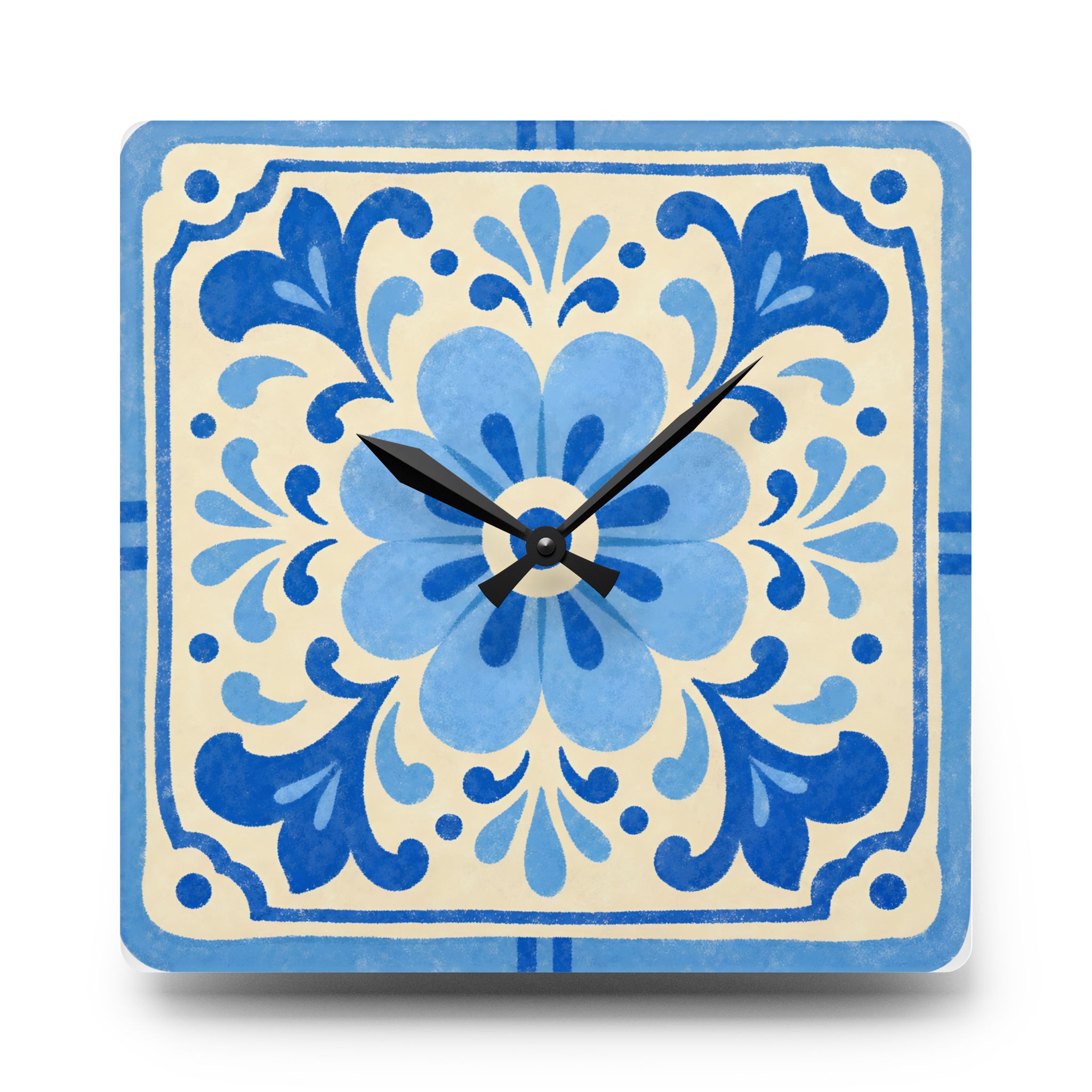 Blue Floral Ceramic-Style Acrylic Wall Clock - Image 4