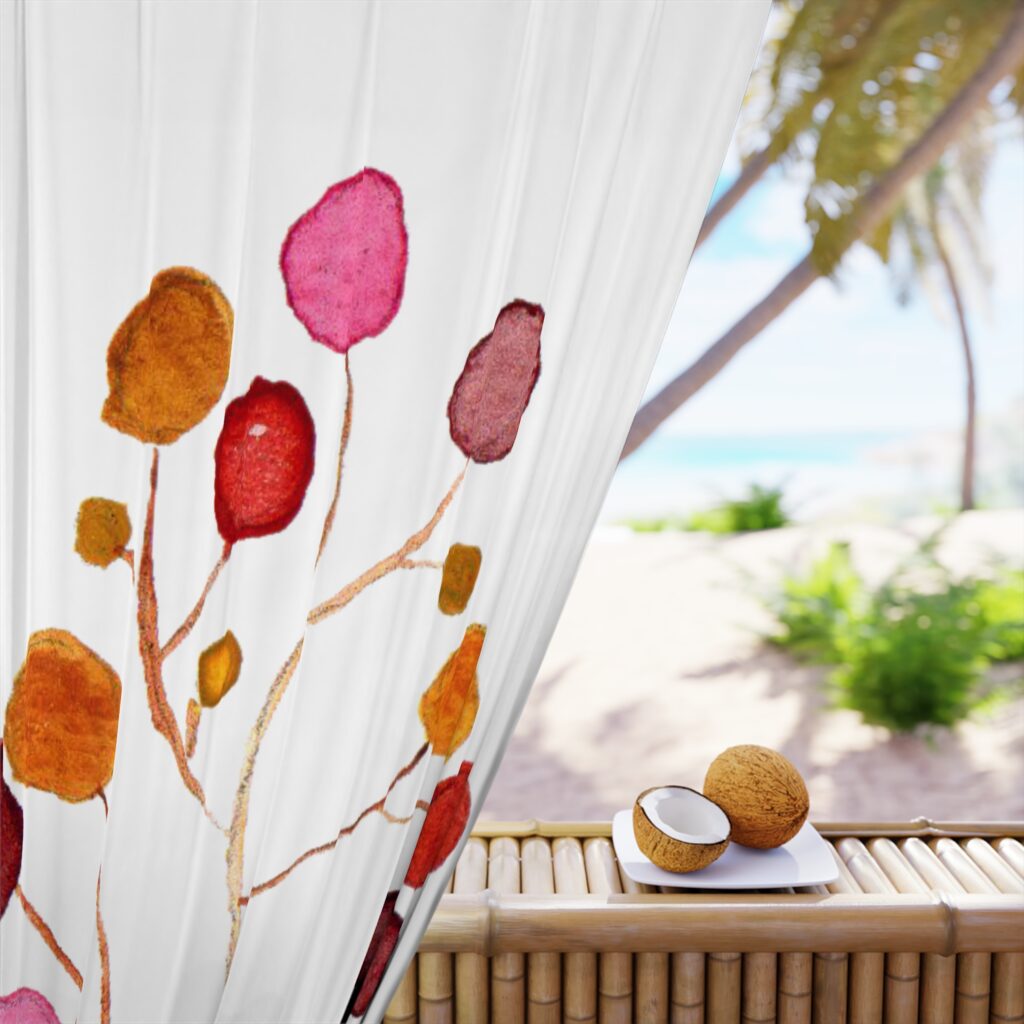 Botanical Watercolor Curtain Panel — Pink & Autumn Leaf Branch Window Curtain