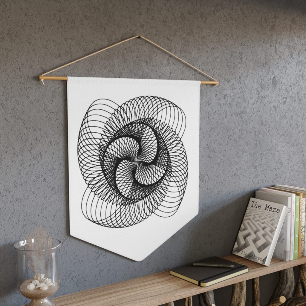 Geometric Spiral Pennant — Minimal Black Line Art Wall Banner