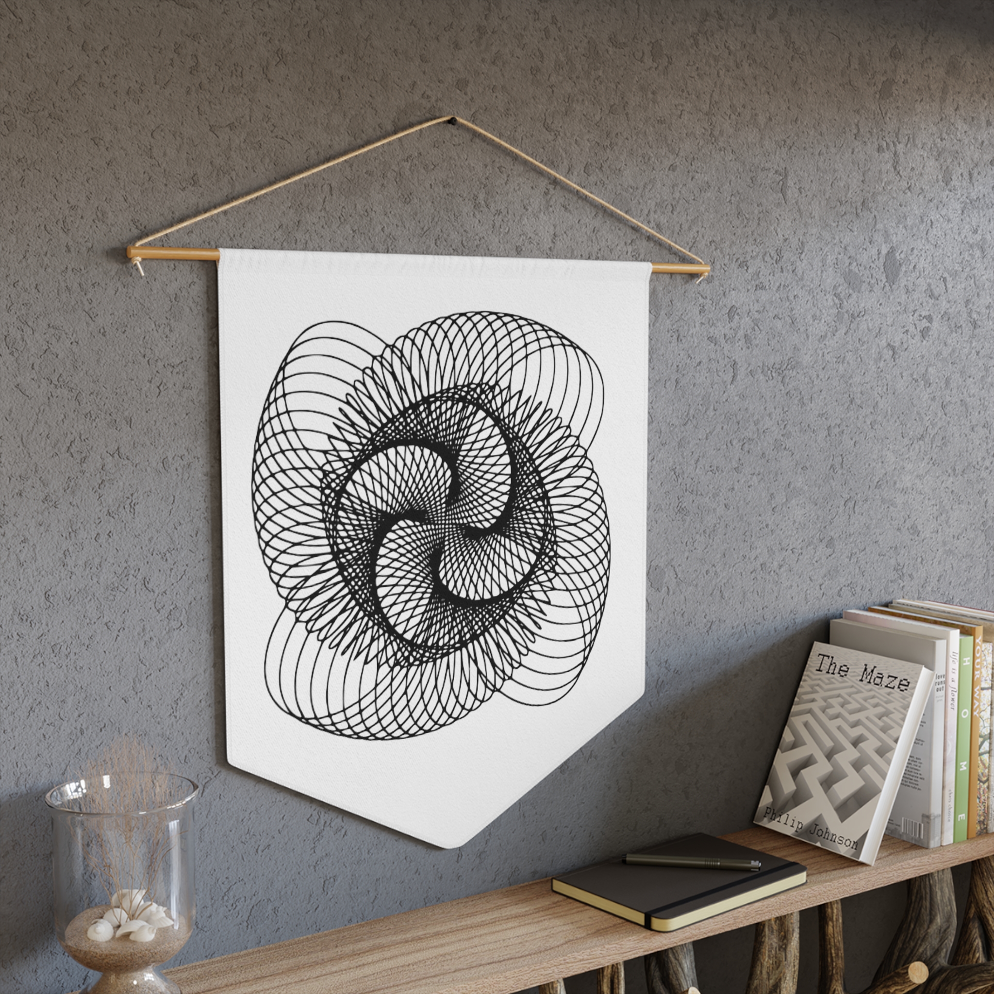 Geometric Spiral Pennant — Minimal Black Line Art Wall Banner