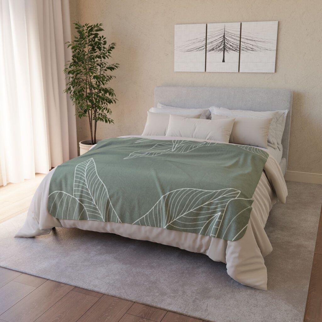 Botanical Sage Sherpa Blanket — Soft Fleece Throw with White Leaf Outline