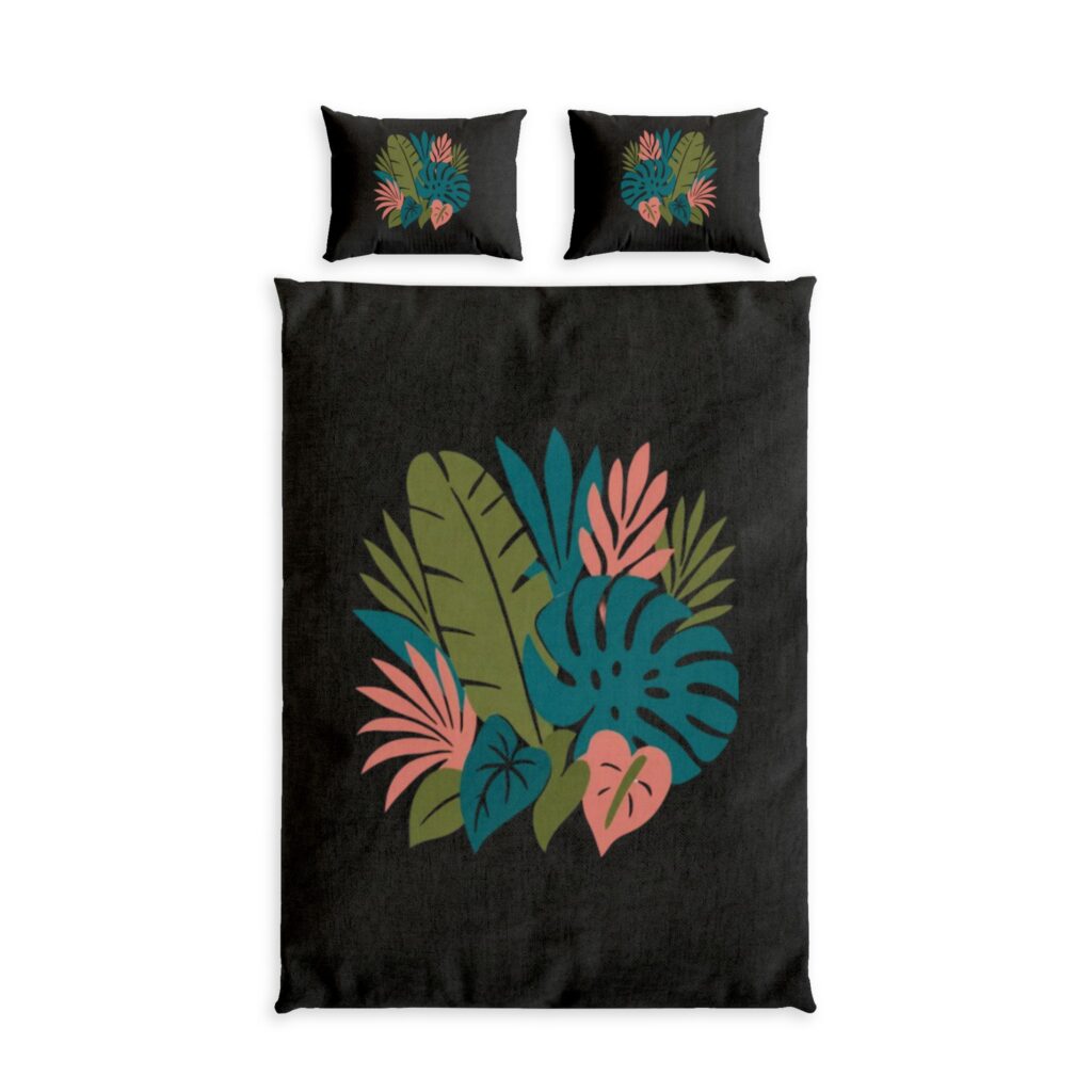Tropical Botanical Cotton Bed Set with Colorful Leaf Design