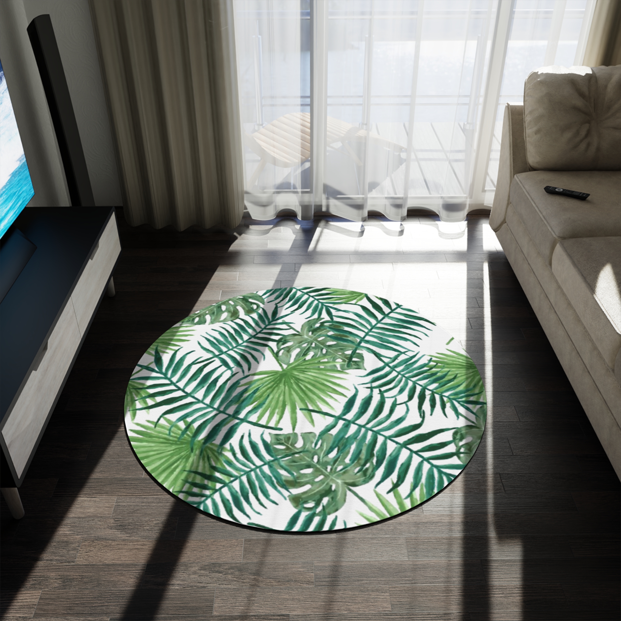 Tropical Palm Round Rug – Green Leaf Boho Area Mat - Image 4