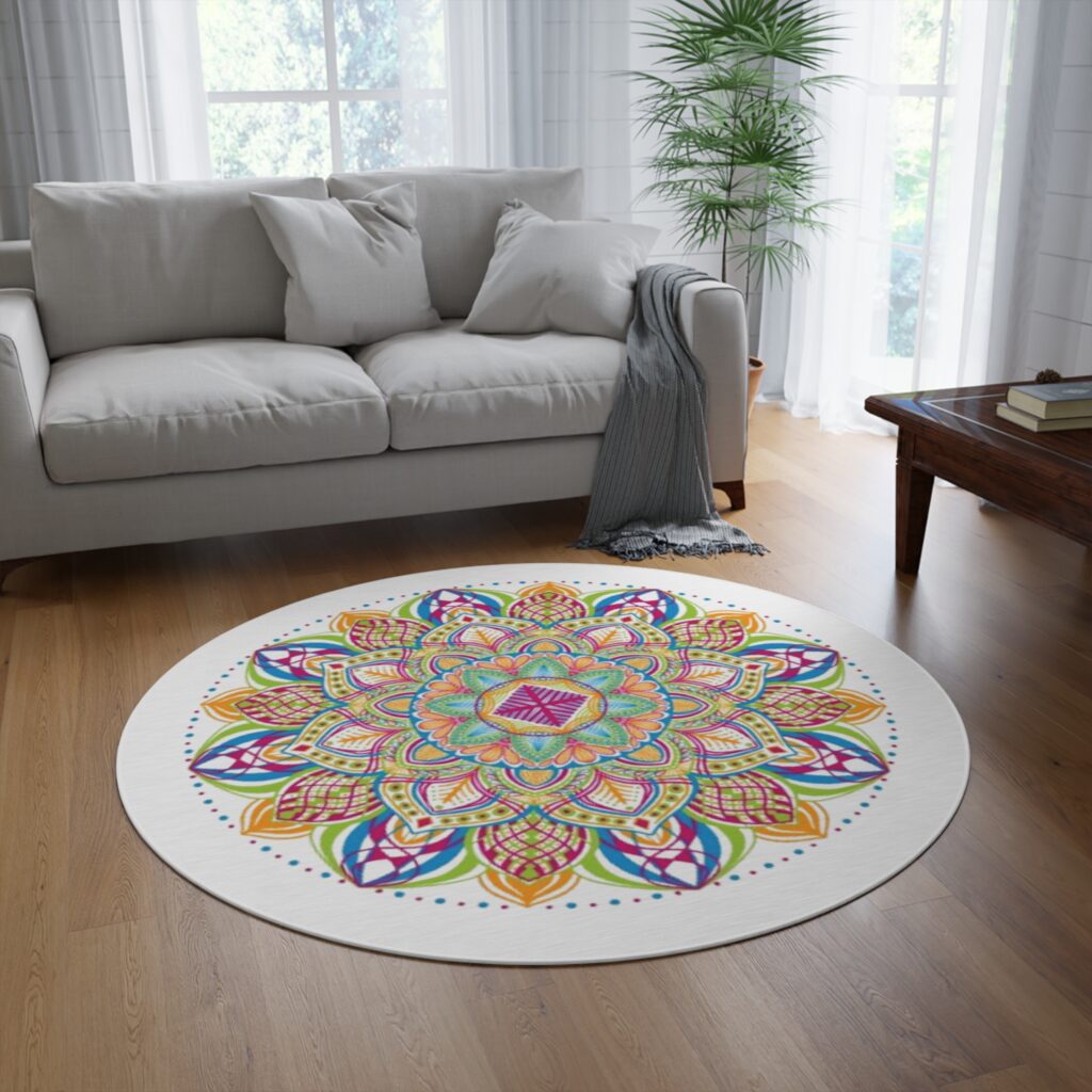 Boho Mandala Round Rug – Colorful Floral Meditation Floor Mat