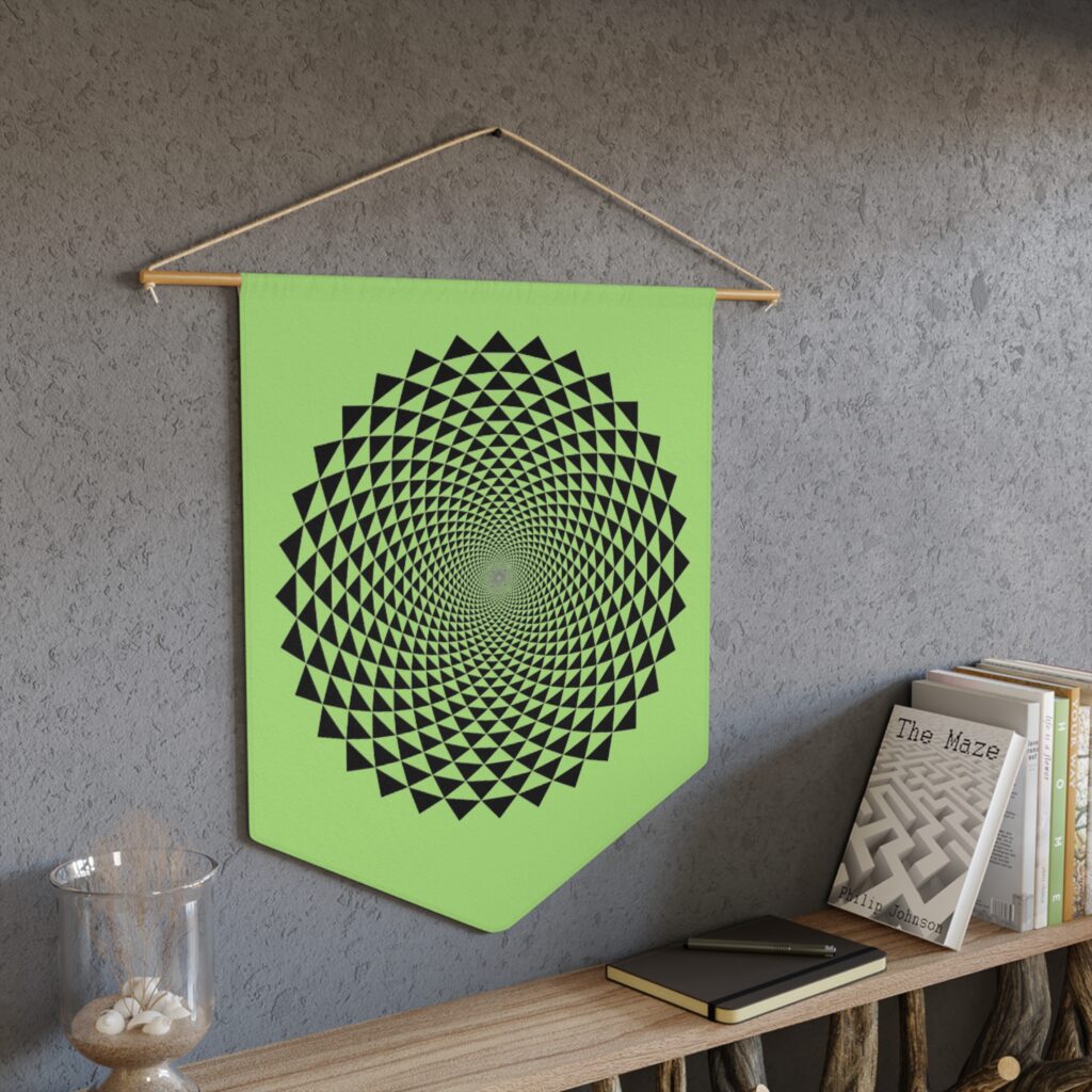 Geometric Spiral Pennant Wall Banner — Optical Black Sunburst on Lime