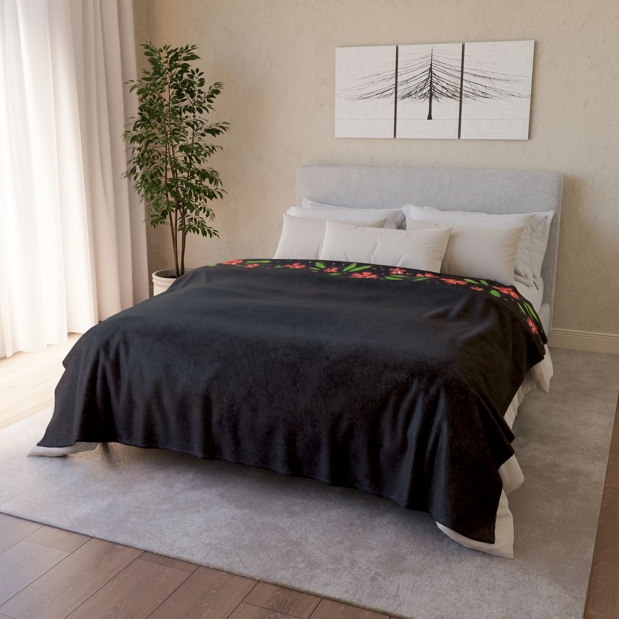 Floral Border Soft Polyester Blanket — Black Red Blossom Throw - Image 12