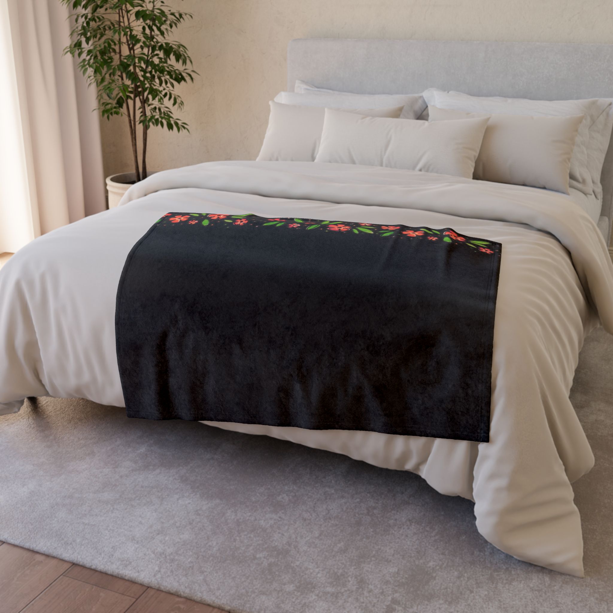 Floral Border Soft Polyester Blanket — Black Red Blossom Throw - Image 4