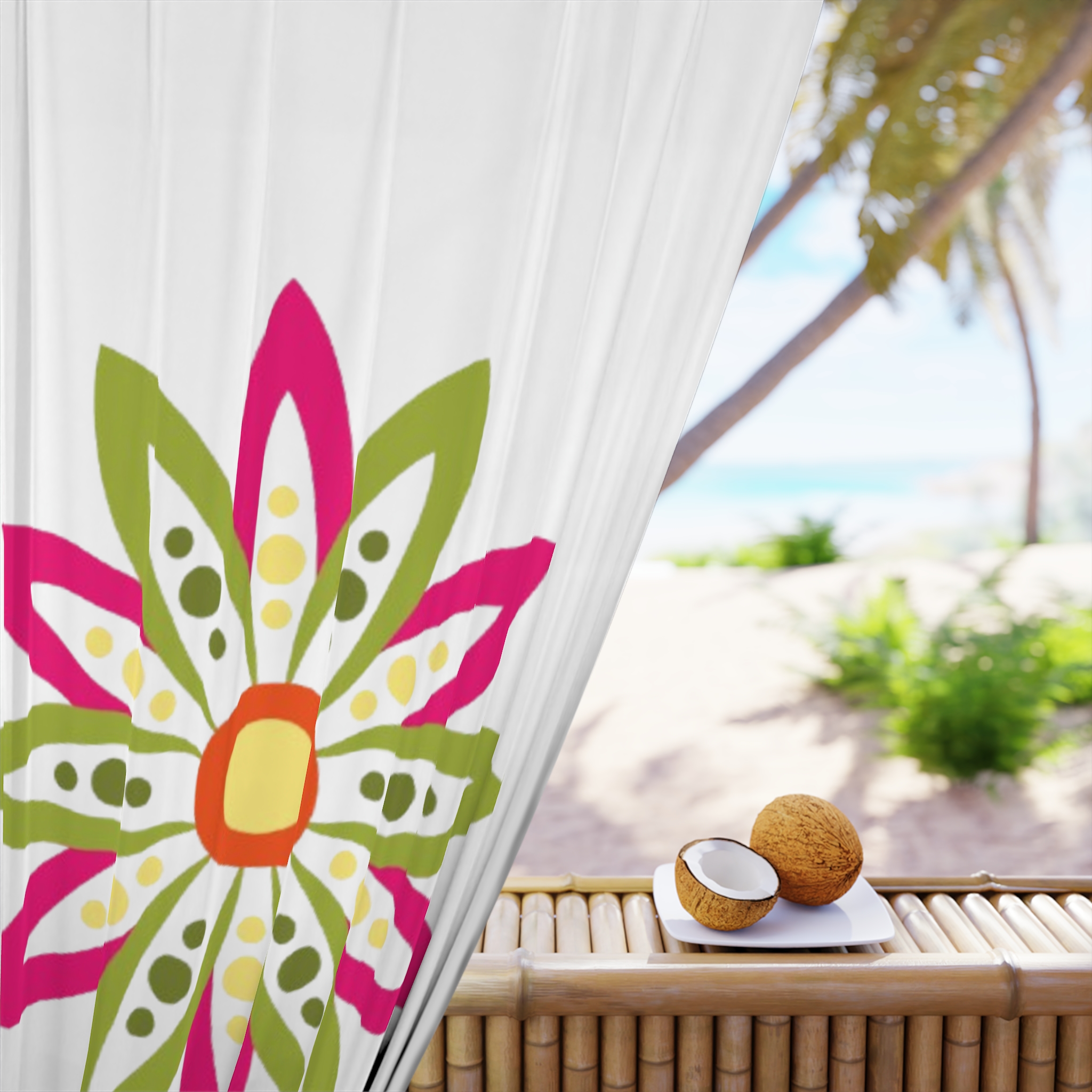 Floral Medallion Window Curtain — Pink & Green Decorative Panel