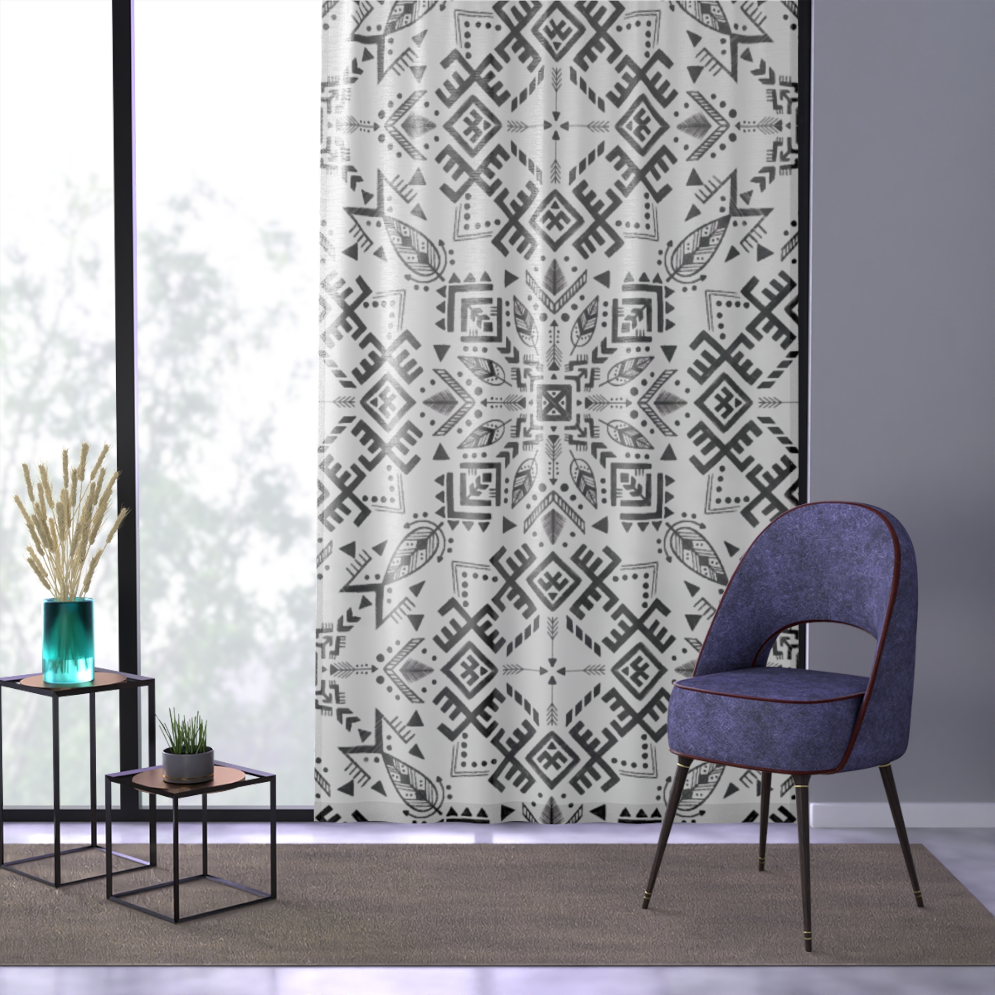 Geometric Boho Window Curtain – Black & White Tribal Pattern Sheer Panel - Image 3