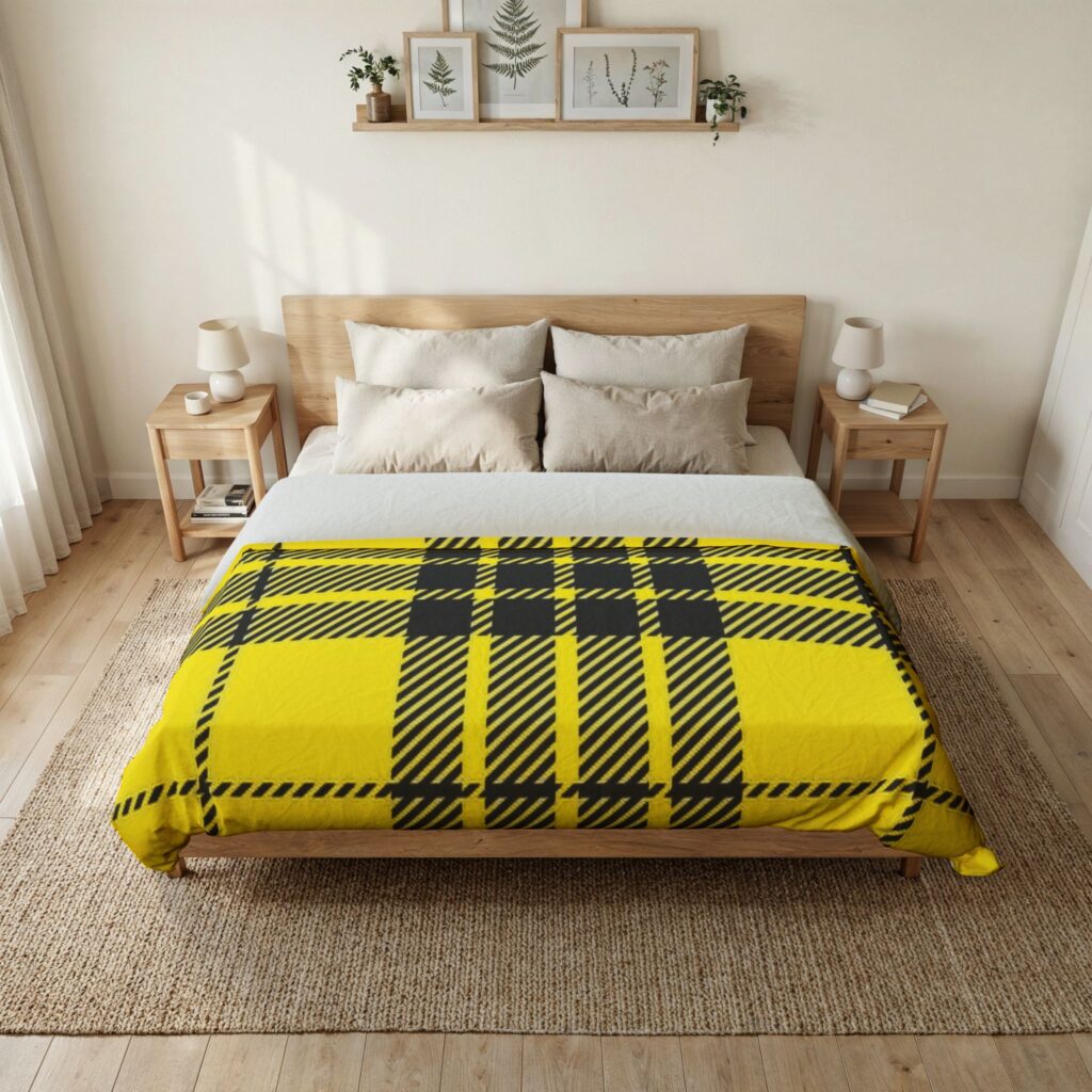Yellow Black Plaid Cotton Duvet Cover — Bold Tartan Bedding