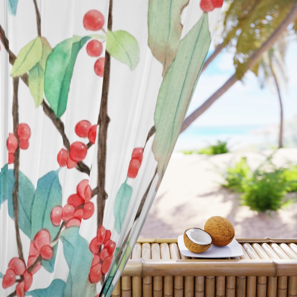 Botanical Watercolor Curtain — Red Berry & Teal Leaf Window Panel