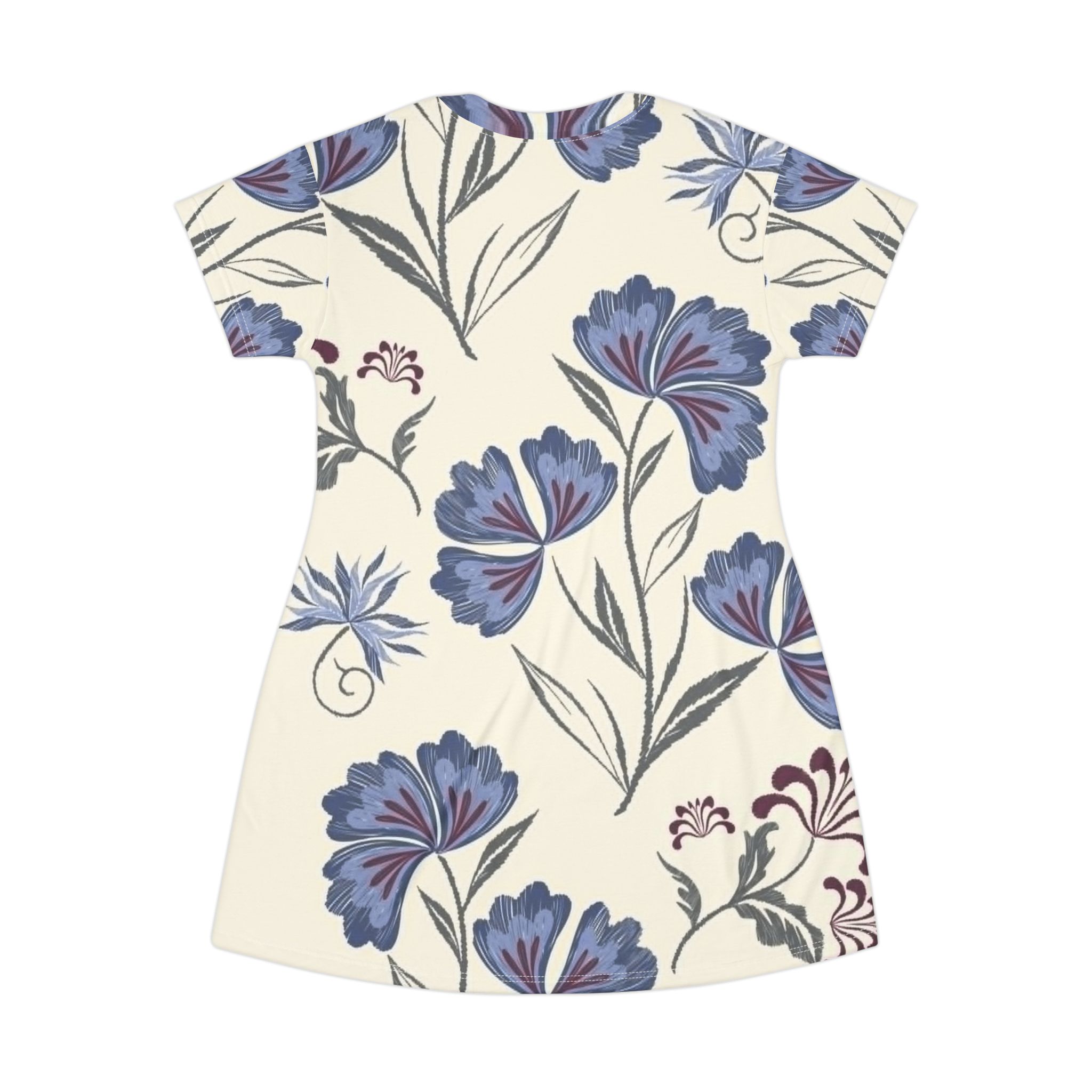 Floral T-Shirt Dress — Blue Vintage Botanical All-Over Print - Image 3