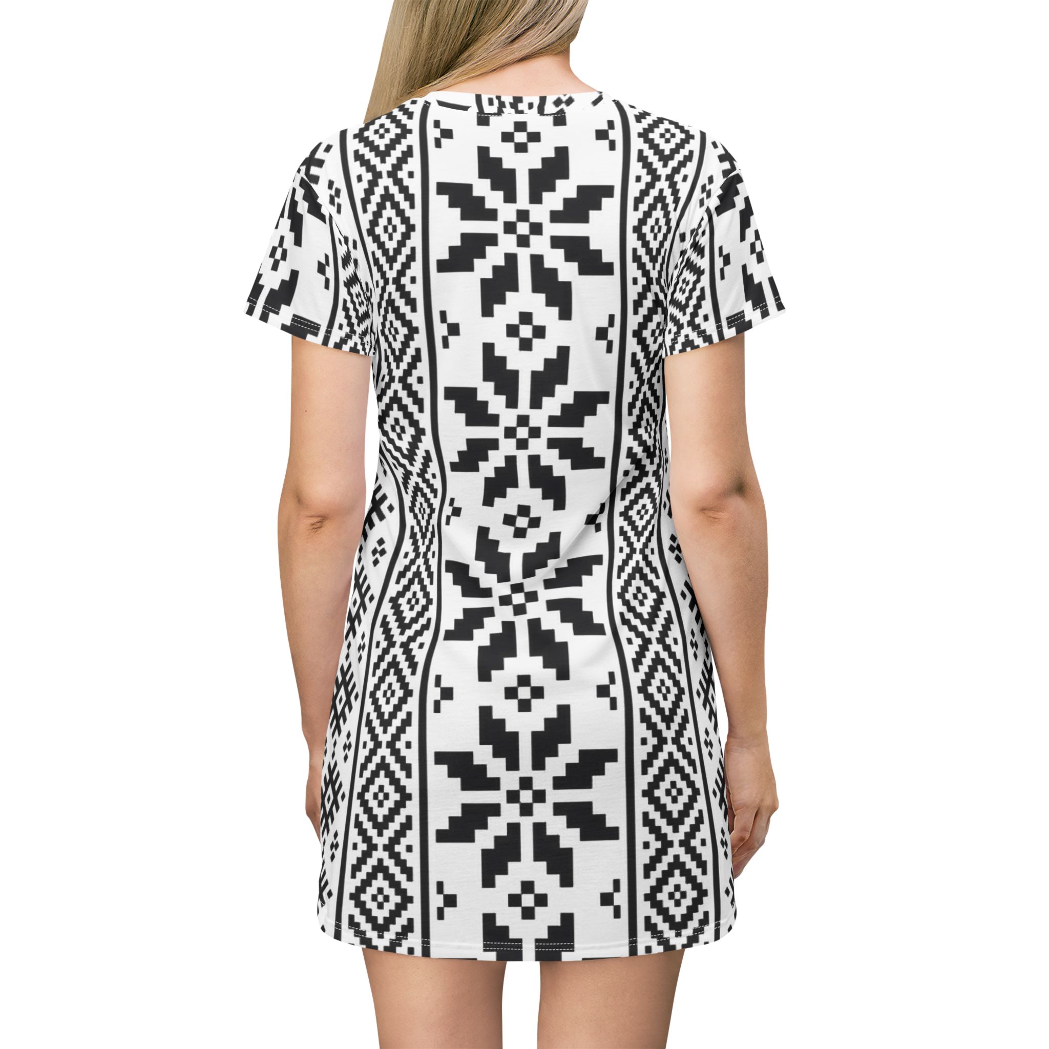 Nordic Pixel Snowflake T-Shirt Dress — Black & White All-Over Print - Image 4
