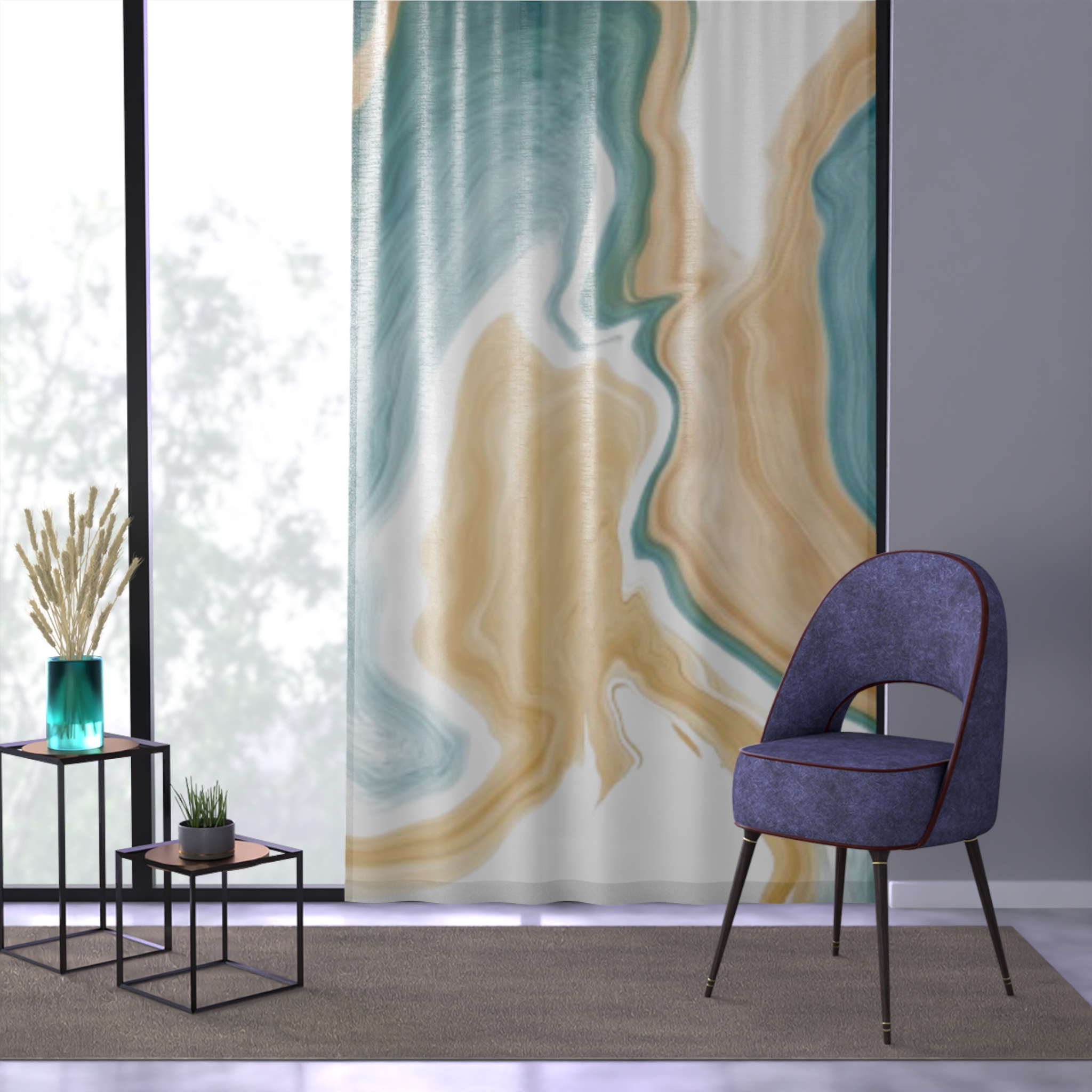 Abstract Teal & Sand Marble Window Curtain — Modern Coastal Sheer Drapery - Image 3