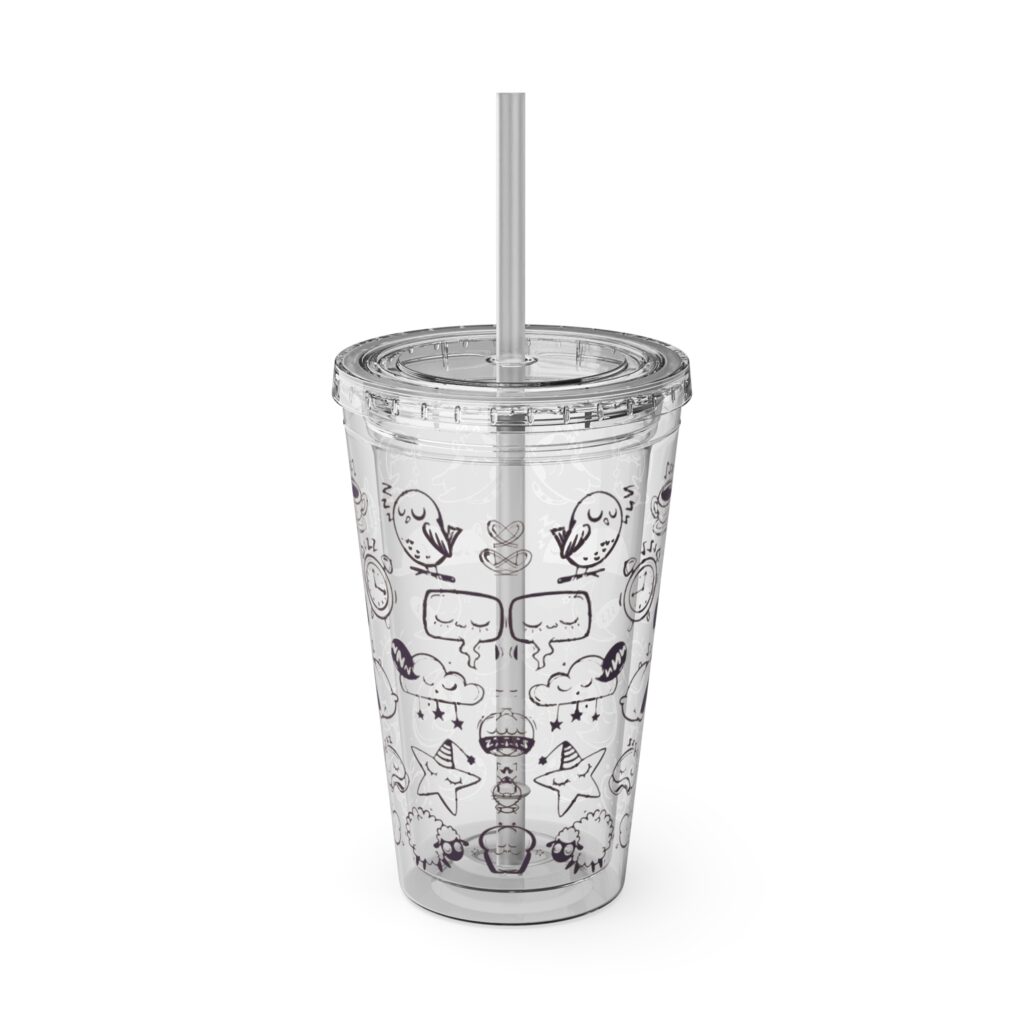 Cute Cat and Space Doodle 16oz Tumbler with Straw