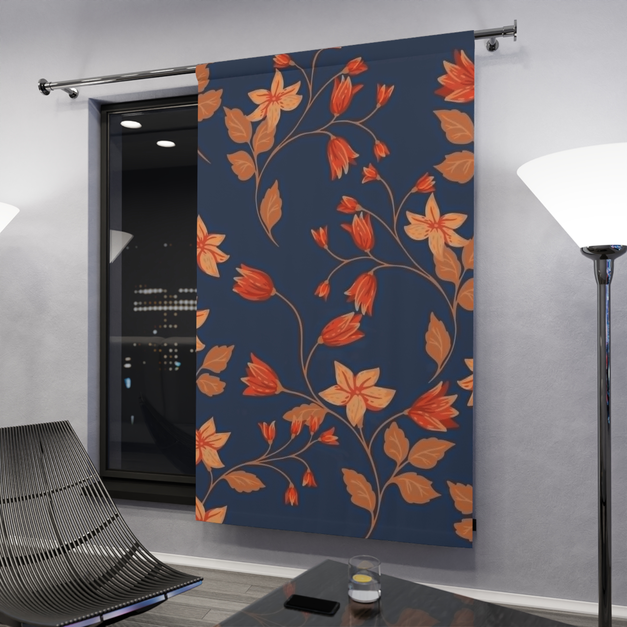 Floral Curtain Panel — Navy Blue with Orange Tulip Vines - Image 4