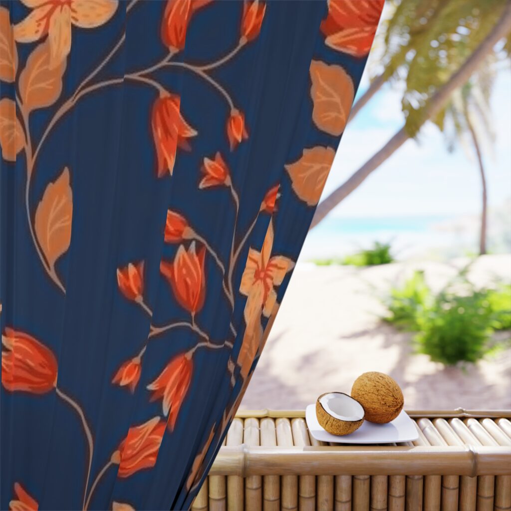Floral Curtain Panel — Navy Blue with Orange Tulip Vines