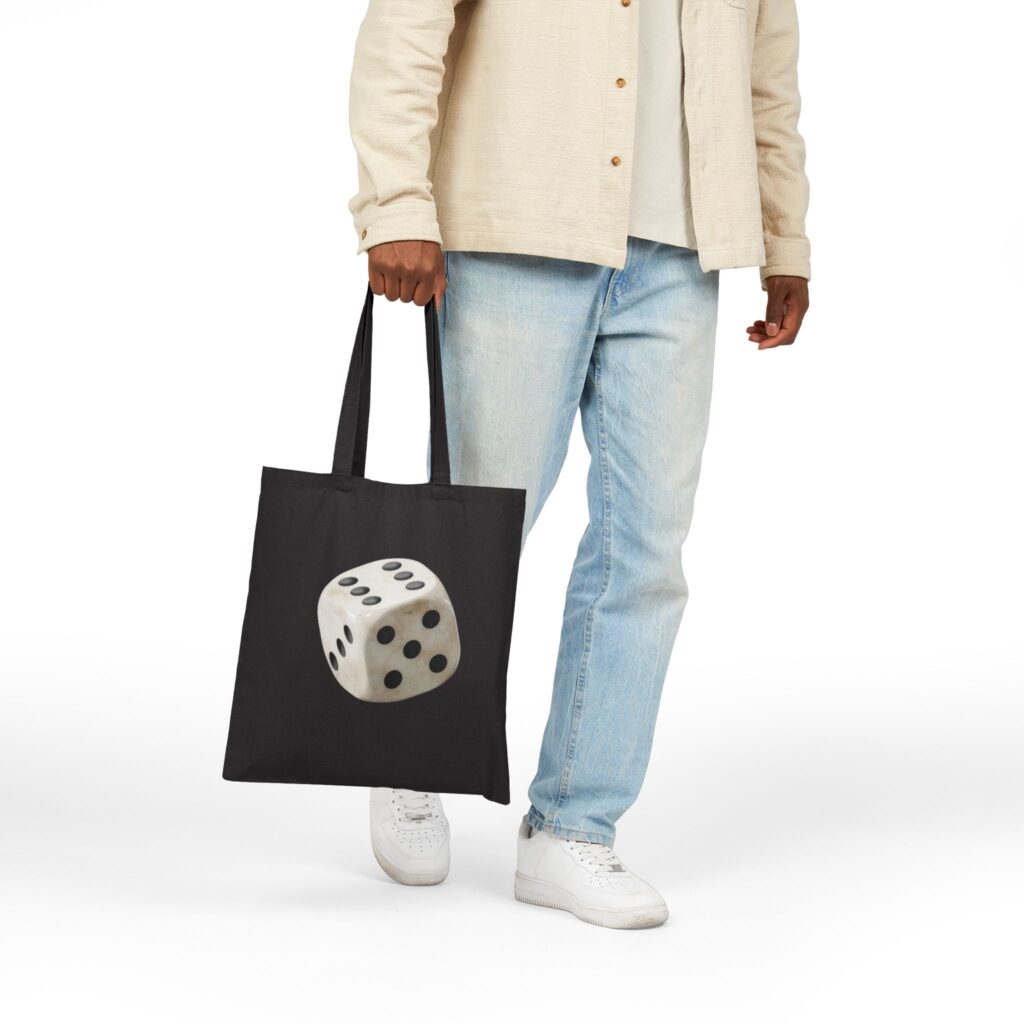 Black Canvas Tote Bag with Dice Design for Gamers