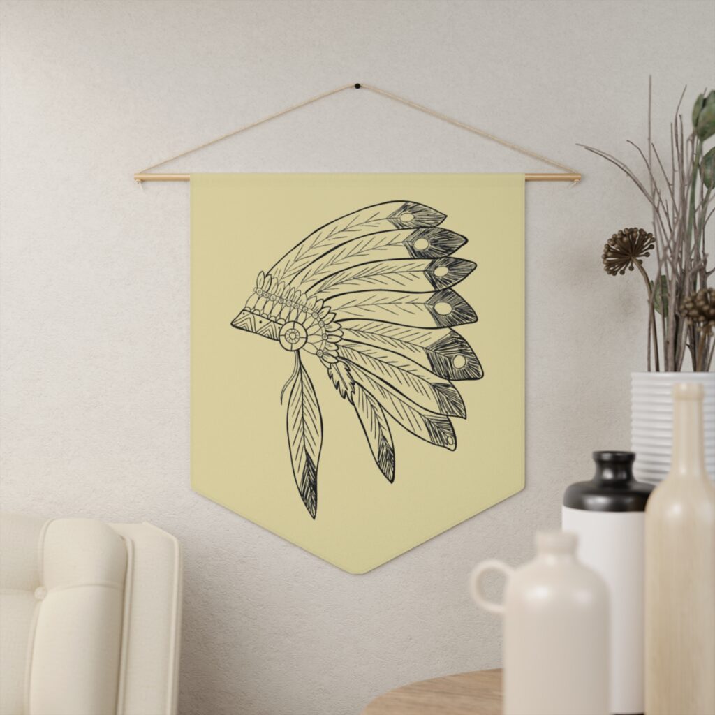 Boho Feather Headdress Pennant Wall Banner — Neutral Tribal Nursery Decor
