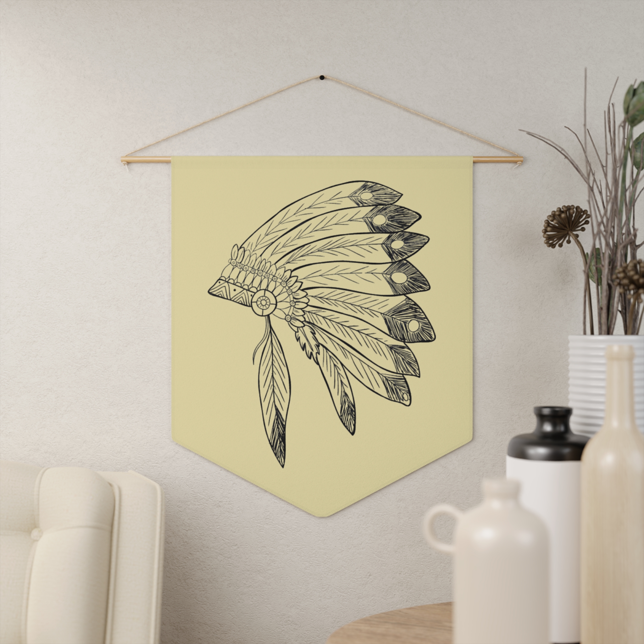 Boho Feather Headdress Pennant Wall Banner — Neutral Tribal Nursery Decor