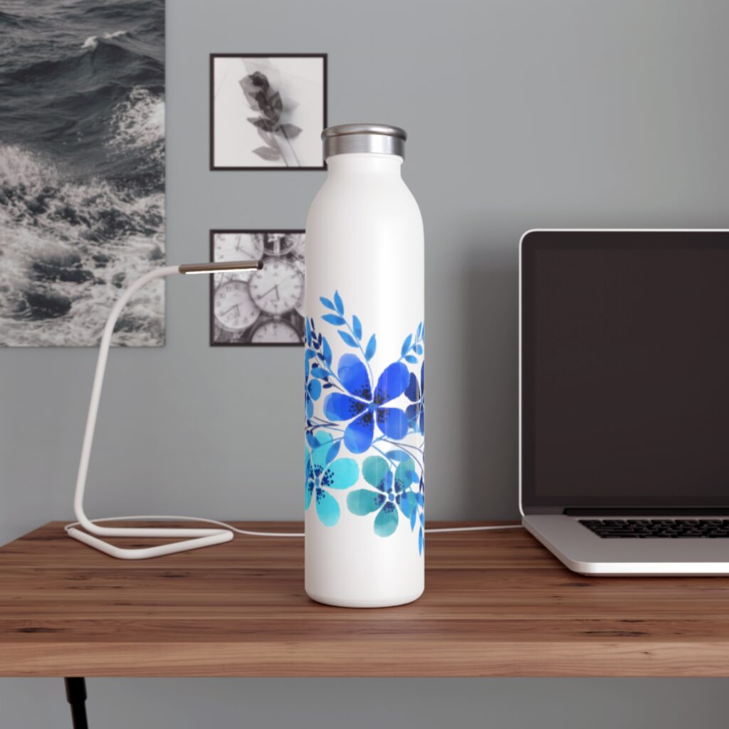 Blue Watercolor Floral Slim Water Bottle | Floral Pattern Stainless Steel
